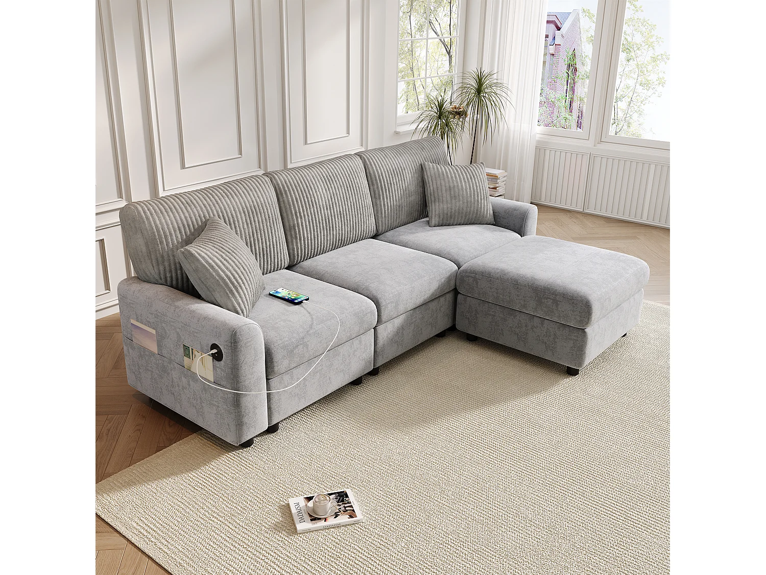 Canapé moderne 223 × 84 × 146 cm - avec 1 repose-pieds - avec 2 coussins carrés, port USB et port USB-C - Gris