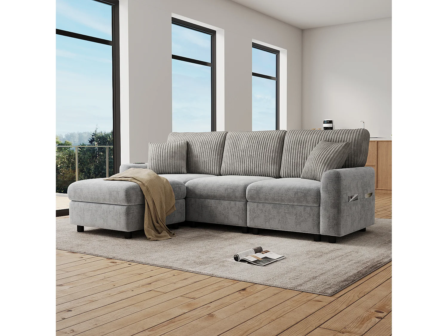 Canapé moderne 223 × 84 × 146 cm - avec 1 repose-pieds - avec 2 coussins carrés, port USB et port USB-C - Gris