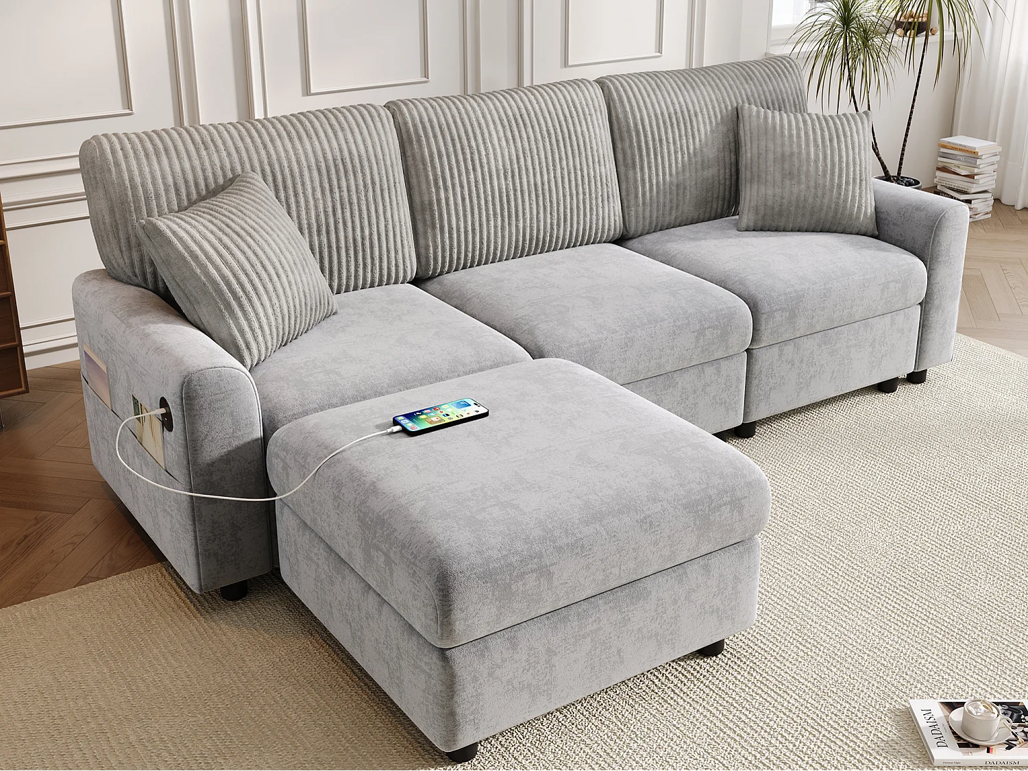 Canapé moderne 223 × 84 × 146 cm - avec 1 repose-pieds - avec 2 coussins carrés, port USB et port USB-C - Gris