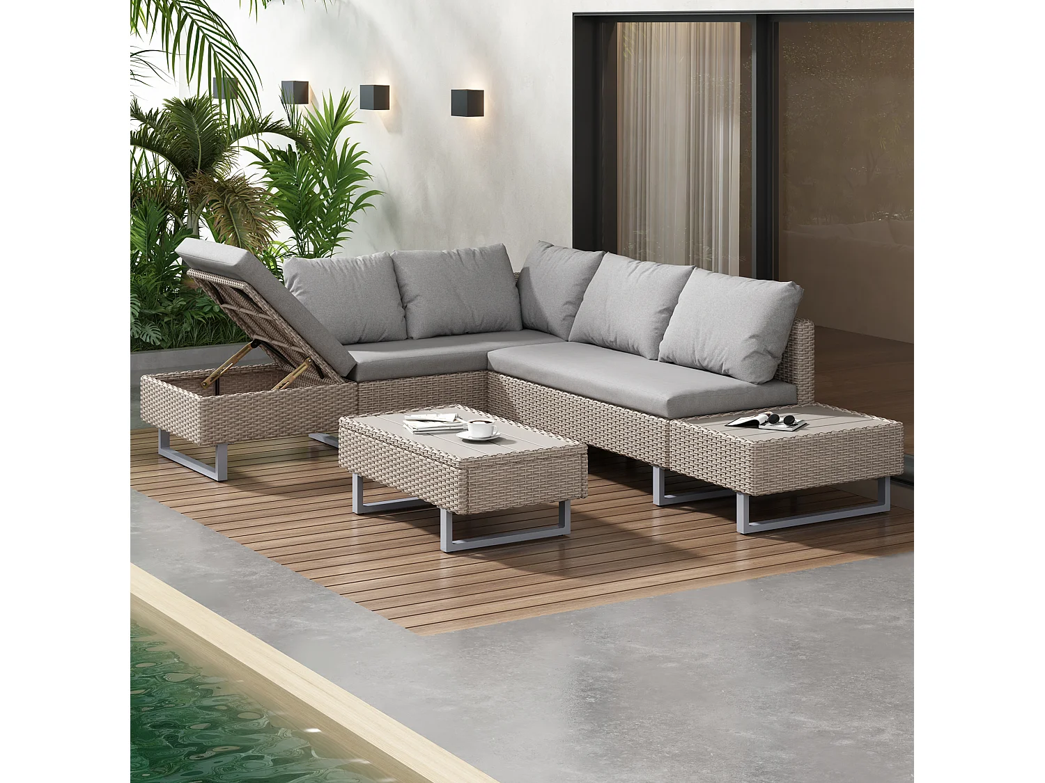 Modular PE rattan garden furniture set - suitable for 4 to 5 people - plastic plank coffee table - Taupe