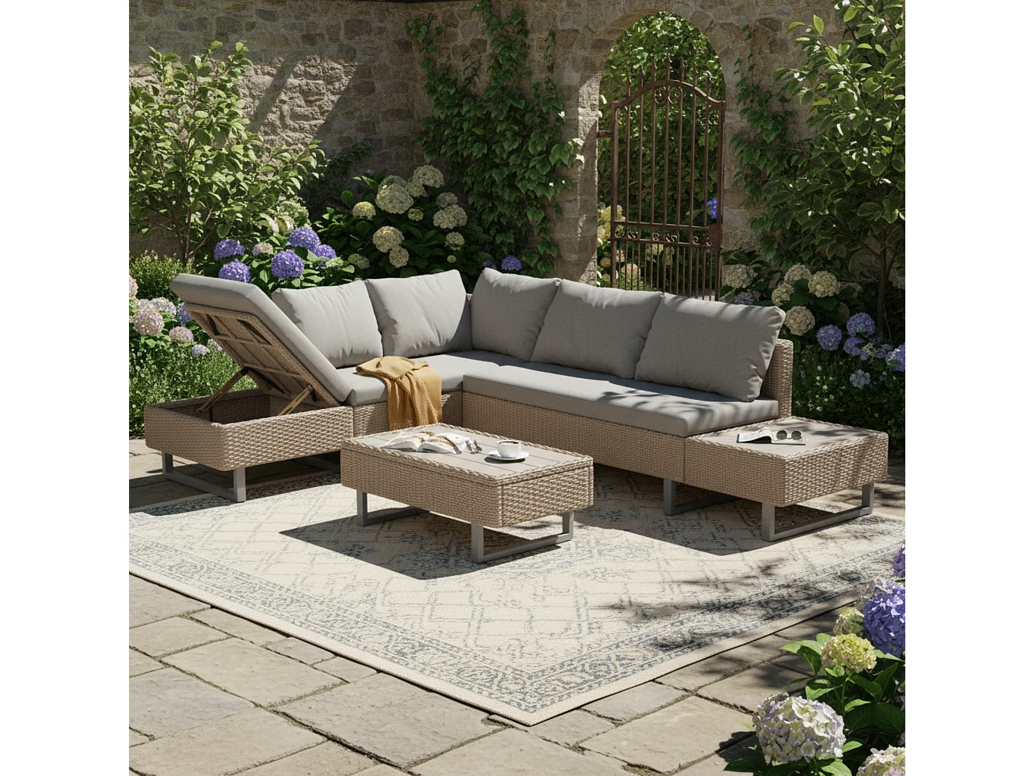 Modular PE rattan garden furniture set - suitable for 4 to 5 people - plastic plank coffee table - Taupe