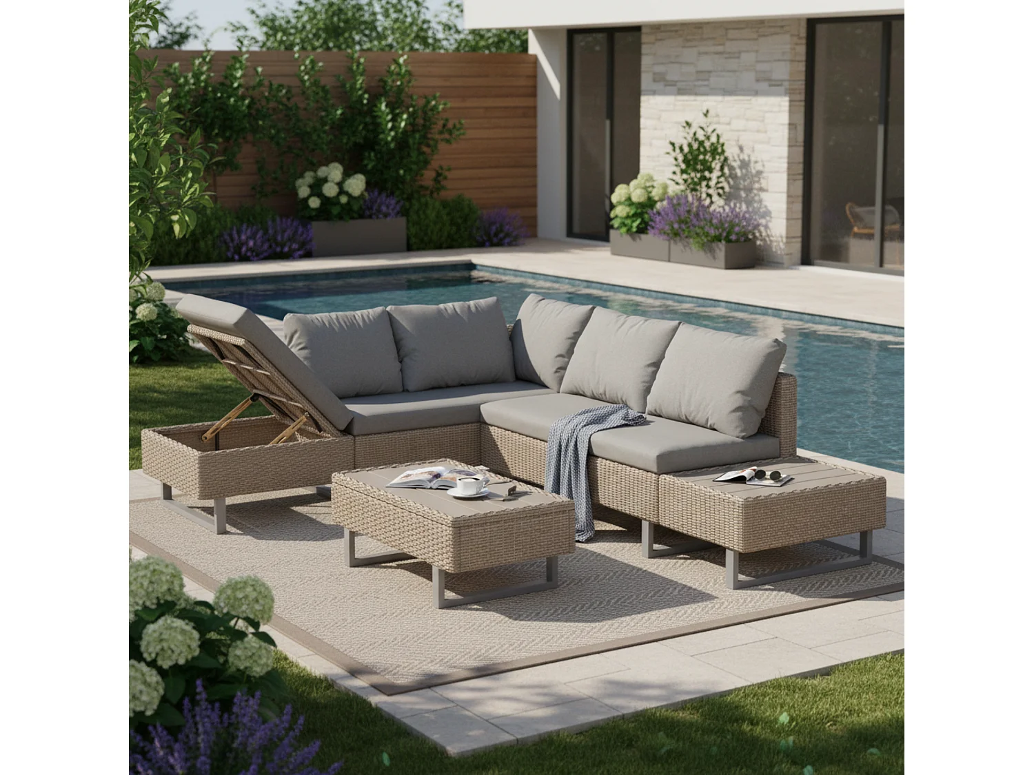 Modular PE rattan garden furniture set - suitable for 4 to 5 people - plastic plank coffee table - Taupe