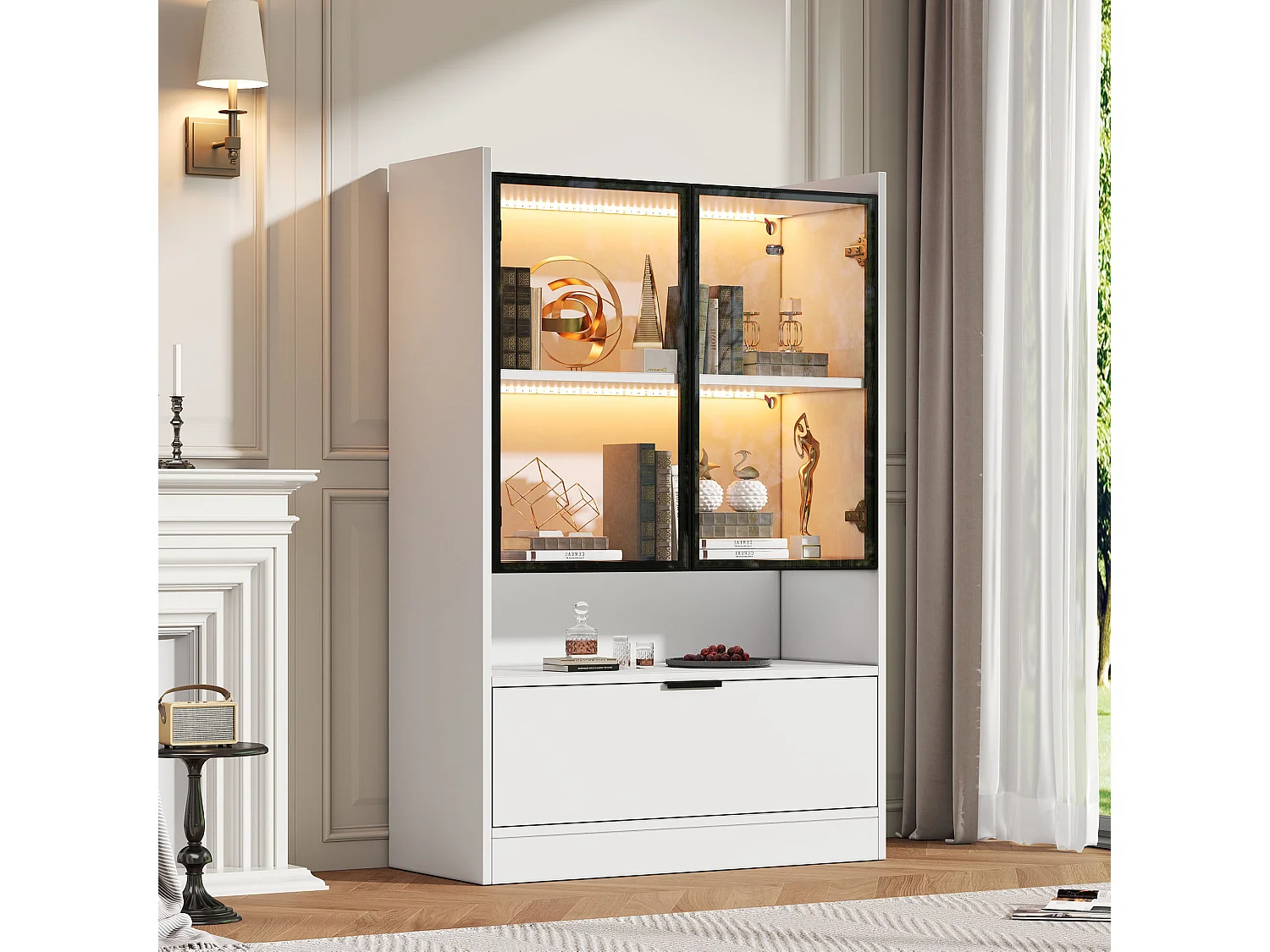 Moderne Vitrine 80x35x120 cm - LED-Beleuchtung - 2 Glastüren und 1 Klapptür - Spanplatten - Weiß
