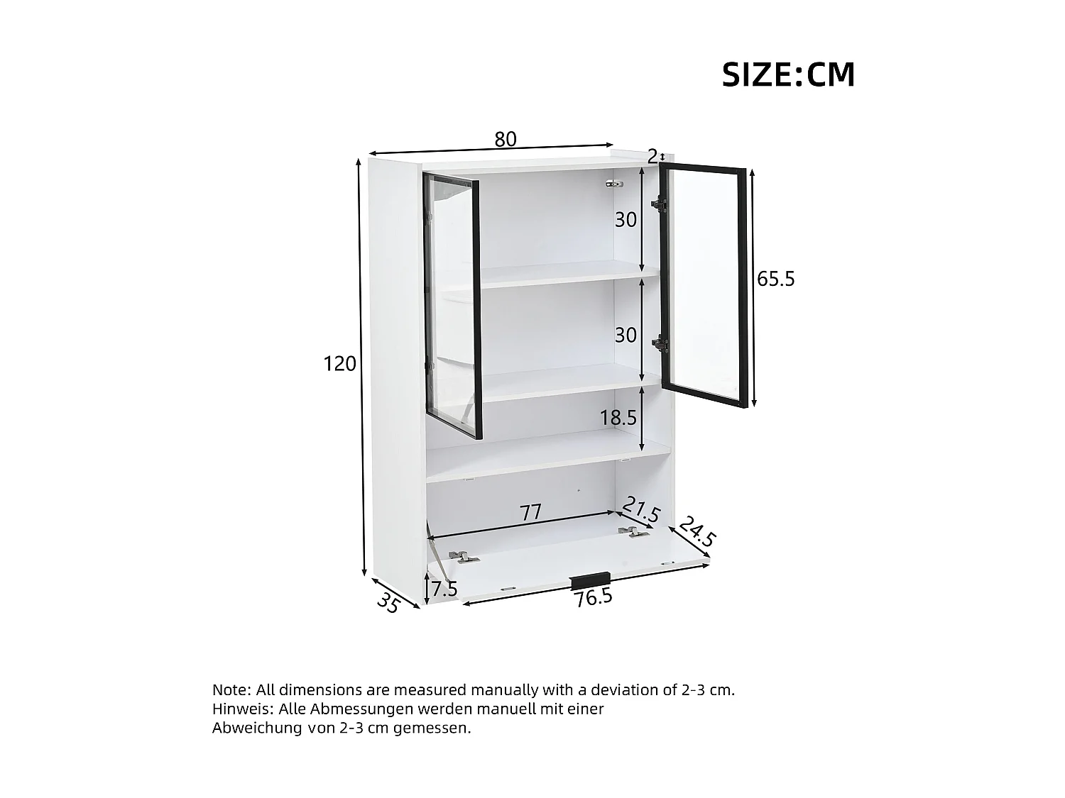 Moderne Vitrine 80x35x120 cm - LED-Beleuchtung - 2 Glastüren und 1 Klapptür - Spanplatten - Weiß