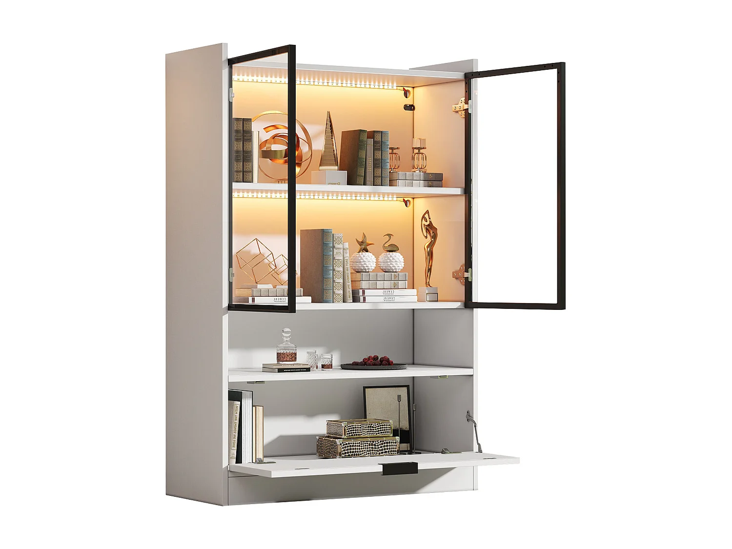 Moderne Vitrine 80x35x120 cm - LED-Beleuchtung - 2 Glastüren und 1 Klapptür - Spanplatten - Weiß