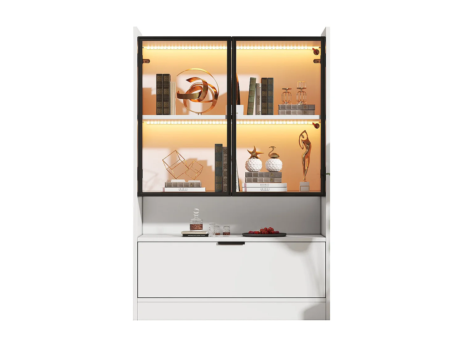 Moderne Vitrine 80x35x120 cm - LED-Beleuchtung - 2 Glastüren und 1 Klapptür - Spanplatten - Weiß