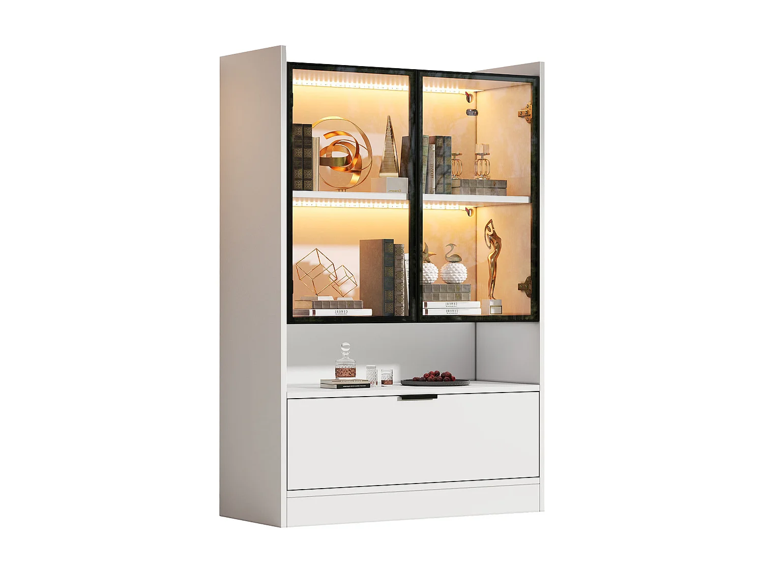 Moderne Vitrine 80x35x120 cm - LED-Beleuchtung - 2 Glastüren und 1 Klapptür - Spanplatten - Weiß