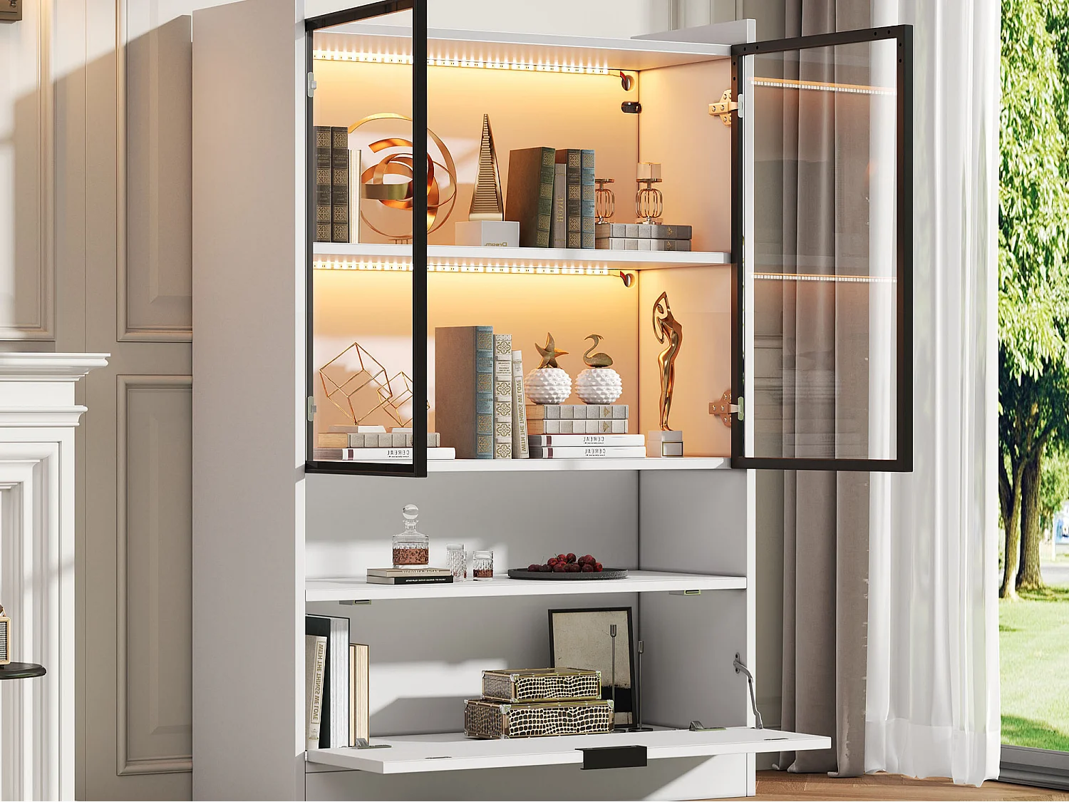 Moderne Vitrine 80x35x120 cm - LED-Beleuchtung - 2 Glastüren und 1 Klapptür - Spanplatten - Weiß