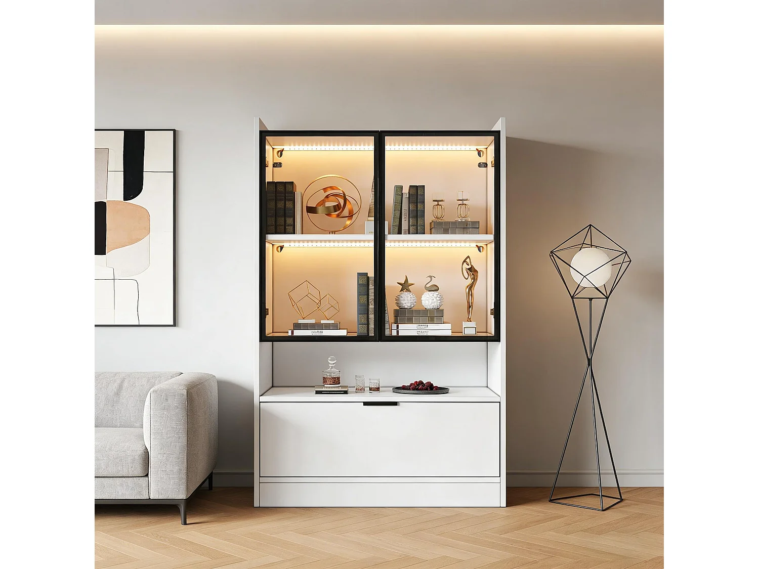 Moderne Vitrine 80x35x120 cm - LED-Beleuchtung - 2 Glastüren und 1 Klapptür - Spanplatten - Weiß