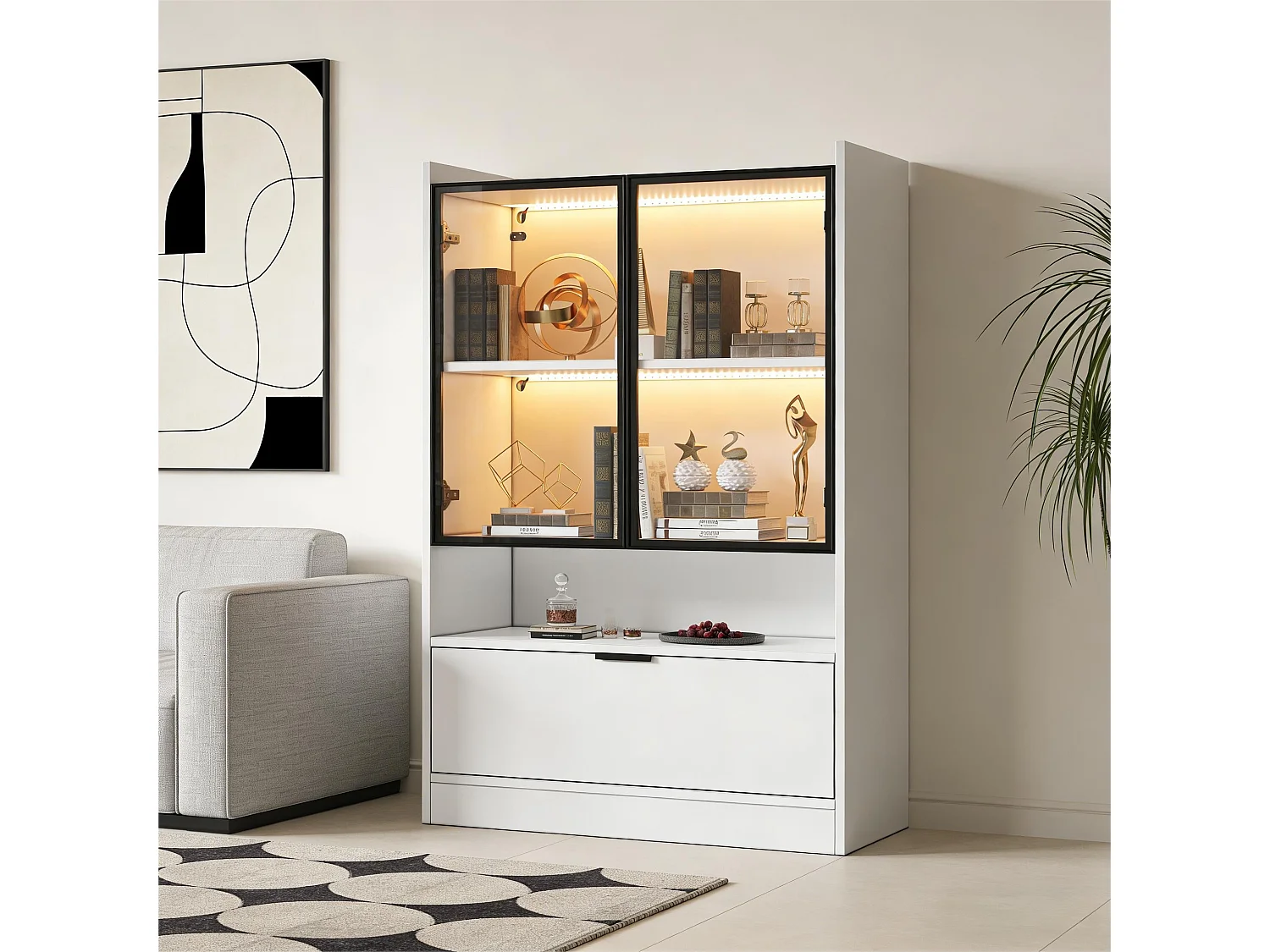 Moderne Vitrine 80x35x120 cm - LED-Beleuchtung - 2 Glastüren und 1 Klapptür - Spanplatten - Weiß
