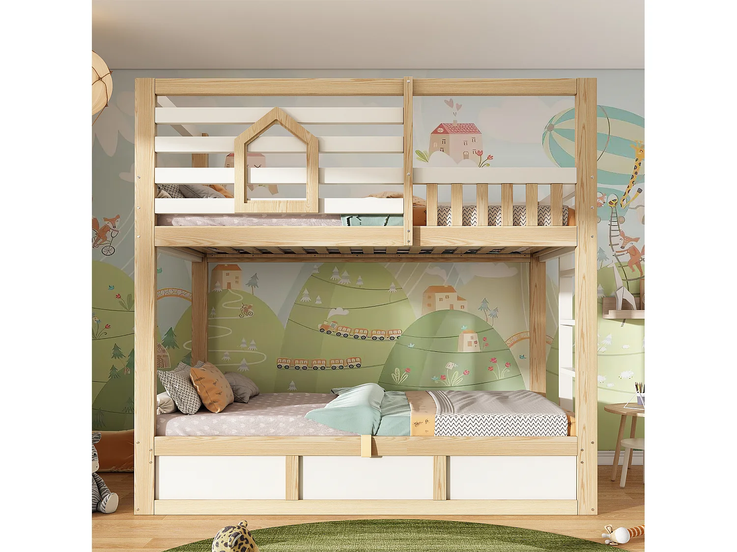 Children’s bunk bed 90x200 cm - with storage space in the lower bed - with safety rails and straight ladder - white + natural