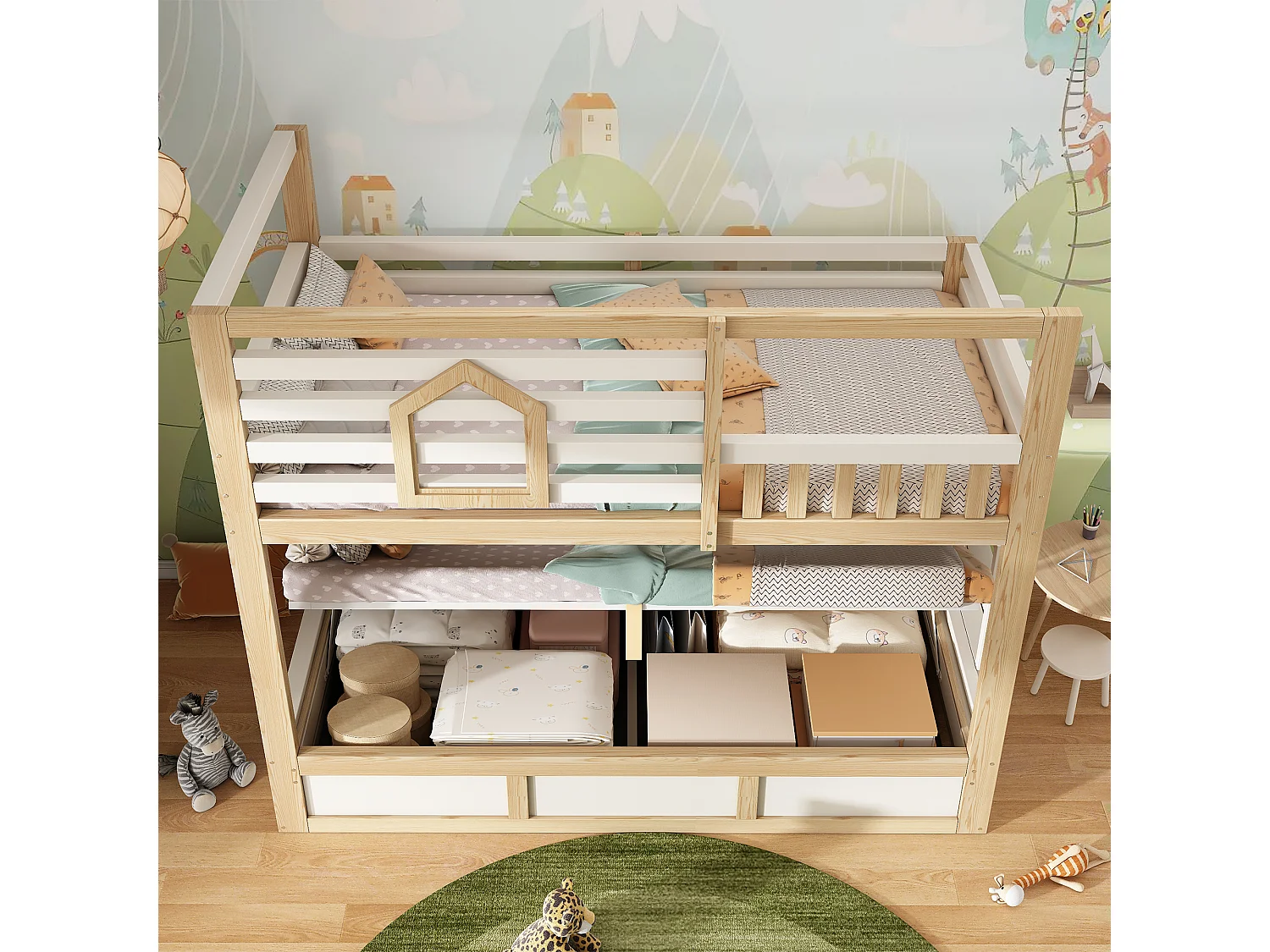 Children’s bunk bed 90x200 cm - with storage space in the lower bed - with safety rails and straight ladder - white + natural