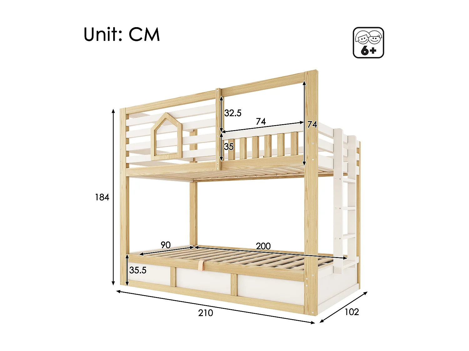 Children’s bunk bed 90x200 cm - with storage space in the lower bed - with safety rails and straight ladder - white + natural
