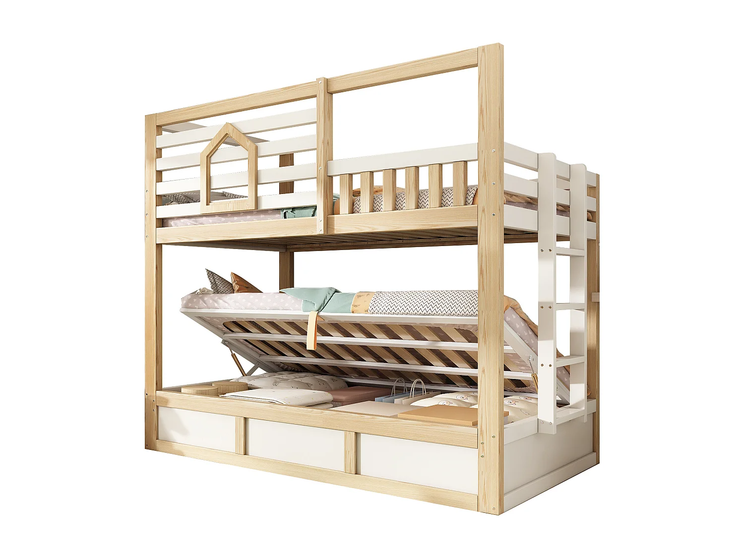 Children’s bunk bed 90x200 cm - with storage space in the lower bed - with safety rails and straight ladder - white + natural