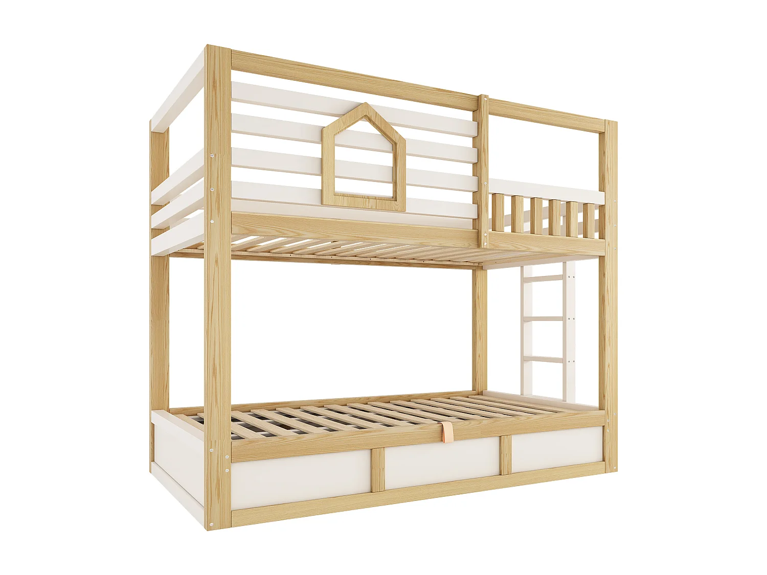 Children’s bunk bed 90x200 cm - with storage space in the lower bed - with safety rails and straight ladder - white + natural