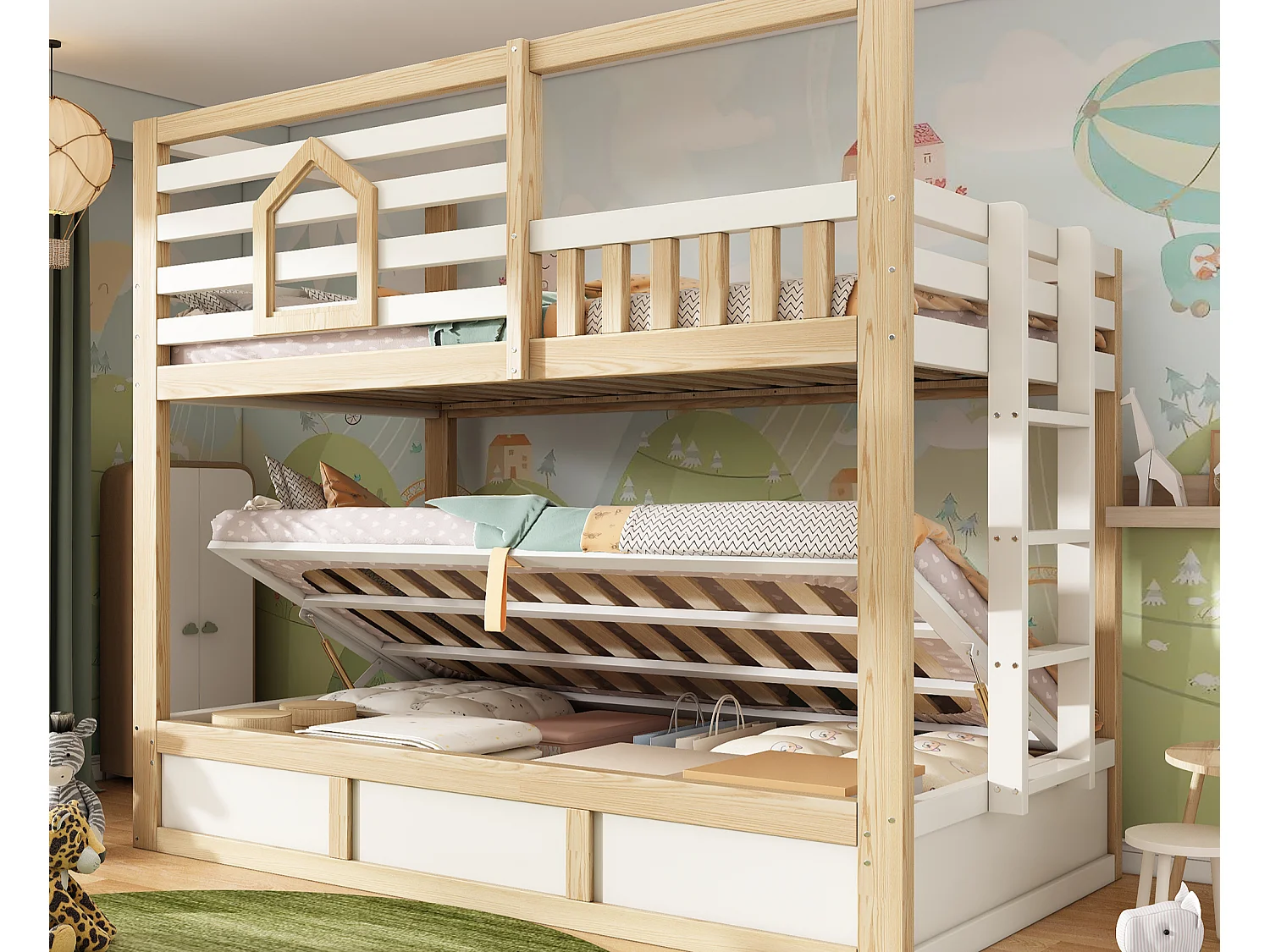 Children’s bunk bed 90x200 cm - with storage space in the lower bed - with safety rails and straight ladder - white + natural