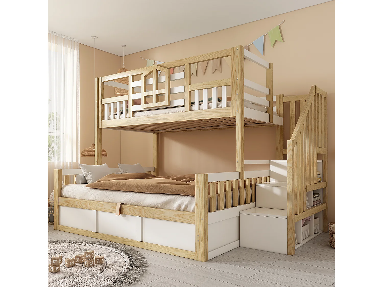 Children’s bunk bed 90x200 cm + 140x200 cm - with storage space in the lower bed - with staircase with storage - white + natural