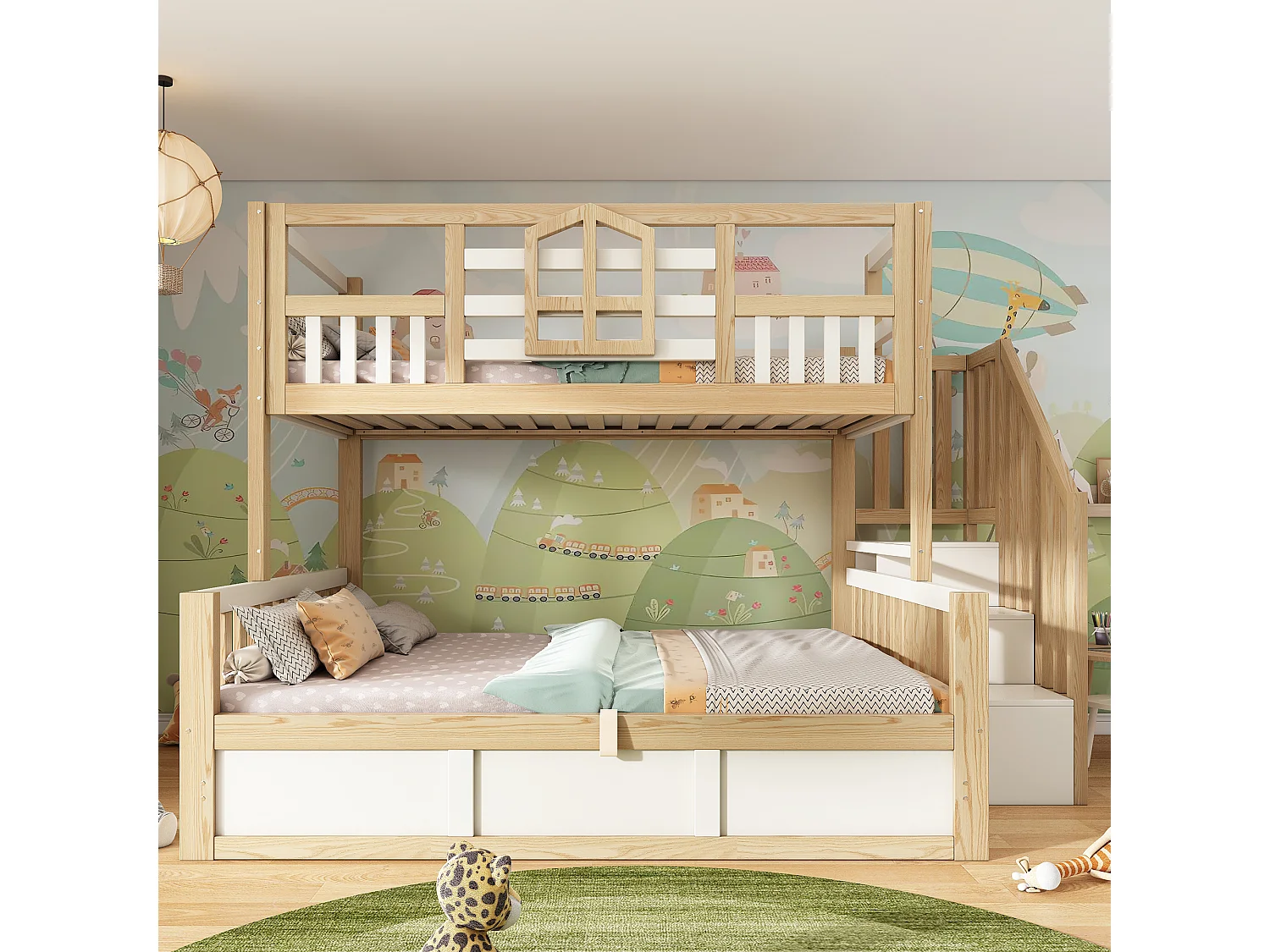 Children’s bunk bed 90x200 cm + 140x200 cm - with storage space in the lower bed - with staircase with storage - white + natural
