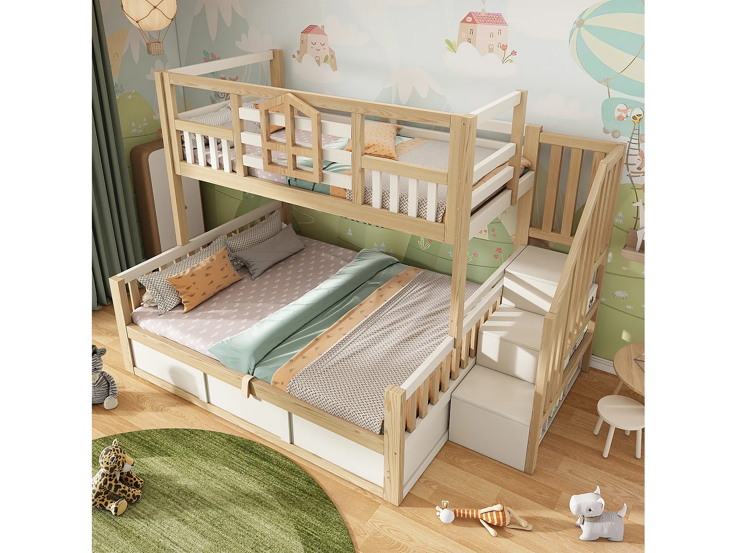 Children’s bunk bed 90x200 cm + 140x200 cm - with storage space in the lower bed - with staircase with storage - white + natural