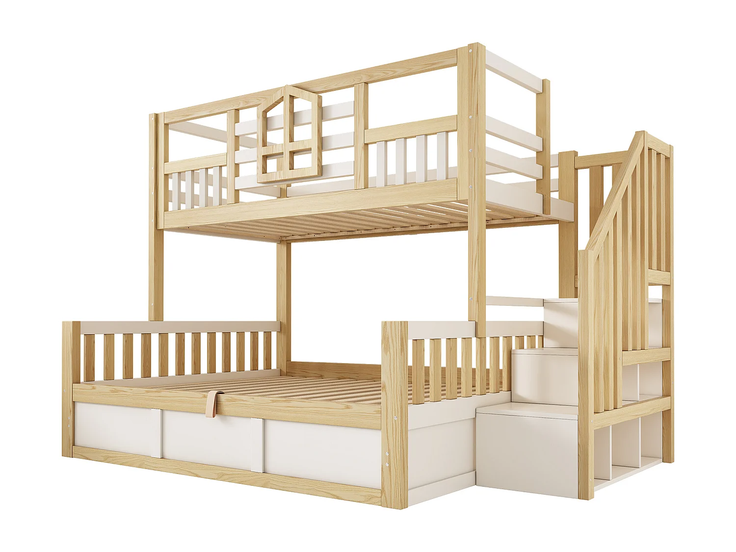 Children’s bunk bed 90x200 cm + 140x200 cm - with storage space in the lower bed - with staircase with storage - white + natural