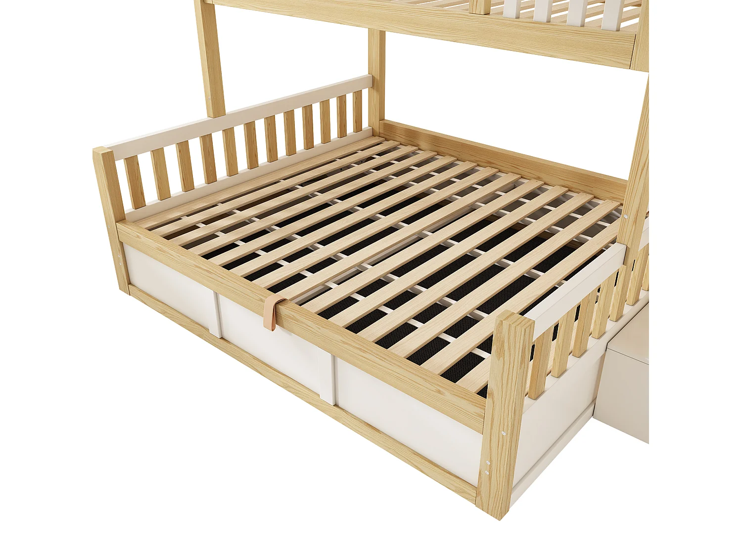 Children’s bunk bed 90x200 cm + 140x200 cm - with storage space in the lower bed - with staircase with storage - white + natural