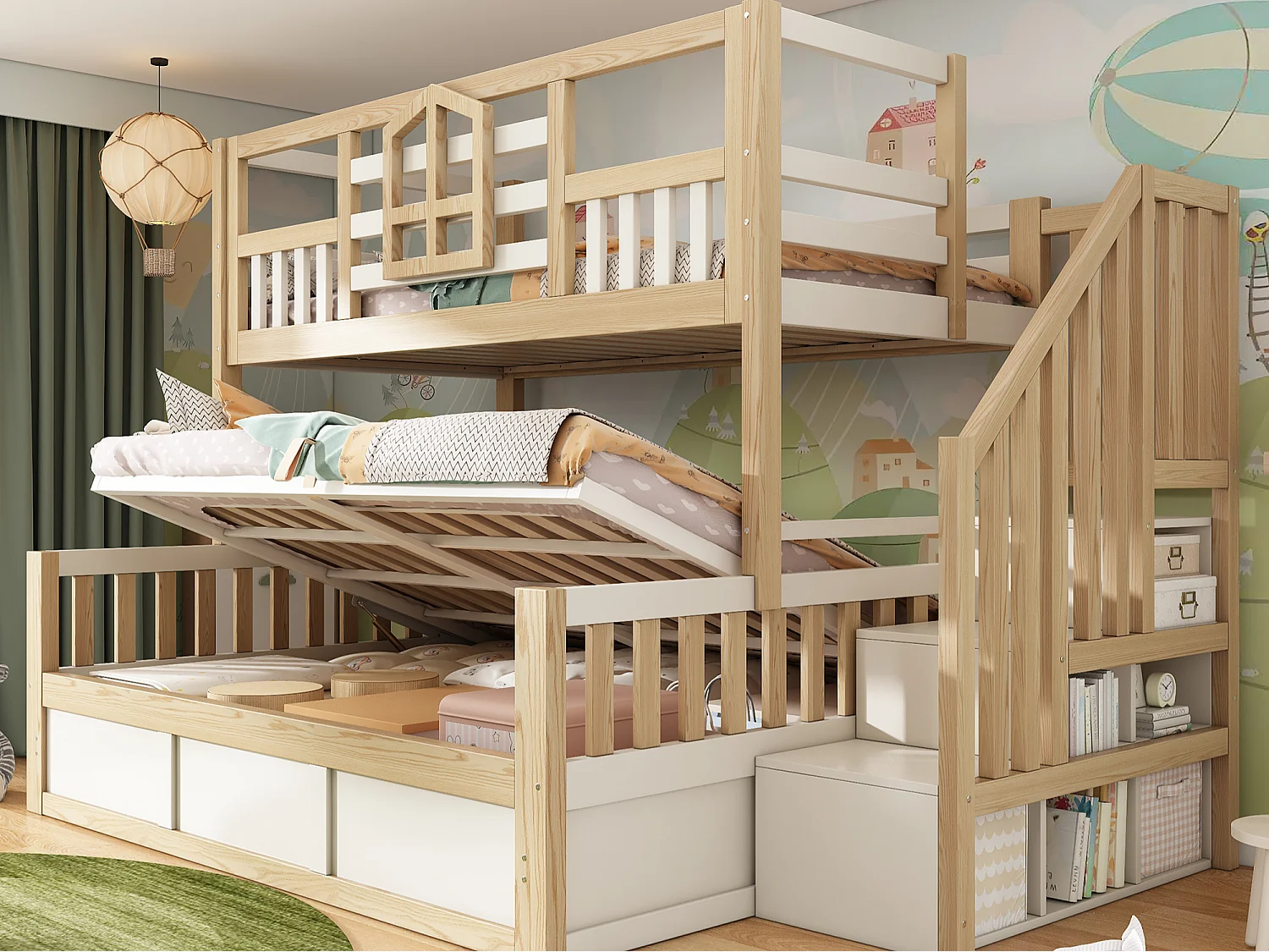Children’s bunk bed 90x200 cm + 140x200 cm - with storage space in the lower bed - with staircase with storage - white + natural