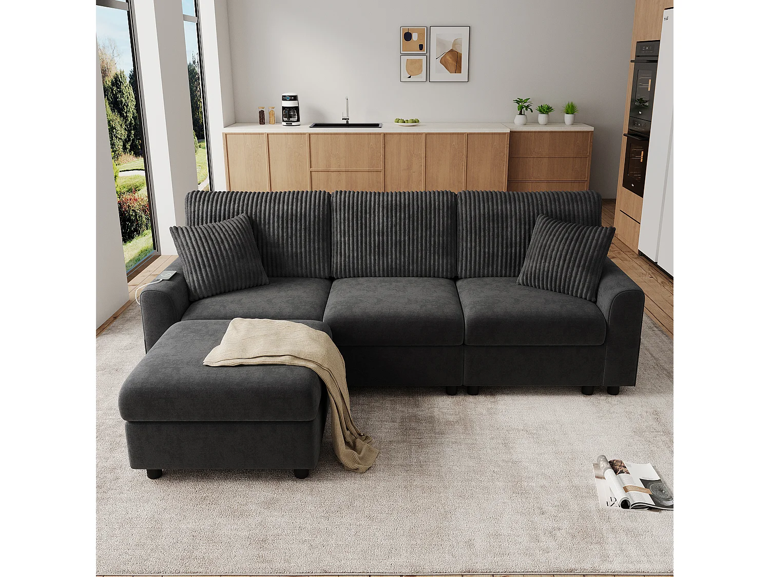 Canapé moderne 223 × 84 × 146 cm - avec 1 repose-pieds - avec 2 coussins carrés, port USB et port USB-C - Noir