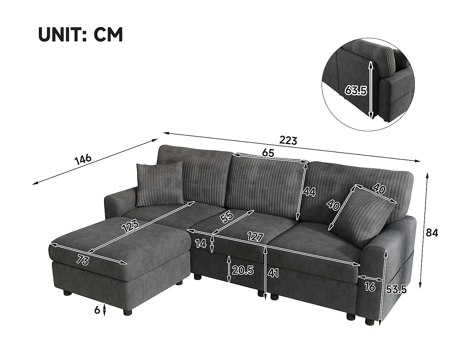Canapé moderne 223 × 84 × 146 cm - avec 1 repose-pieds - avec 2 coussins carrés, port USB et port USB-C - Noir