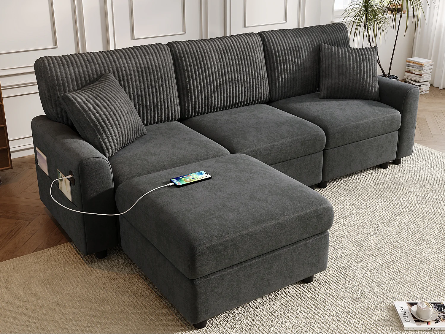 Canapé moderne 223 × 84 × 146 cm - avec 1 repose-pieds - avec 2 coussins carrés, port USB et port USB-C - Noir