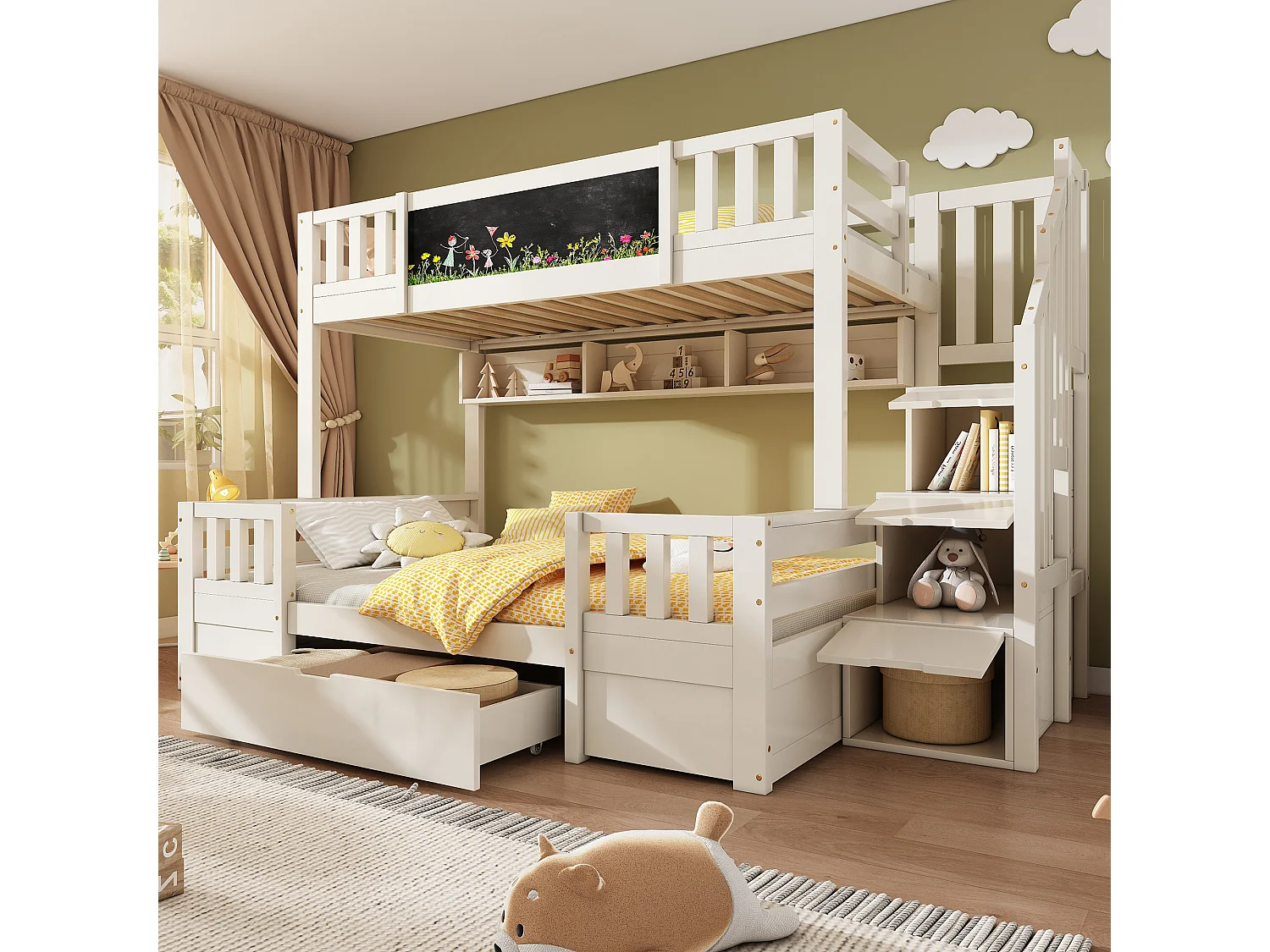 Bunk bed 90x1900cm + 135x190cm - with chalkboard - with 1 drawer and storage stairs - Solid wood + MDF - White