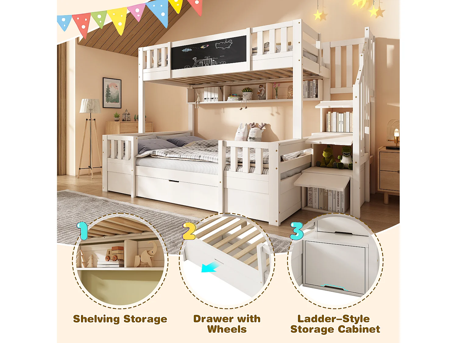 Bunk bed 90x1900cm + 135x190cm - with chalkboard - with 1 drawer and storage stairs - Solid wood + MDF - White