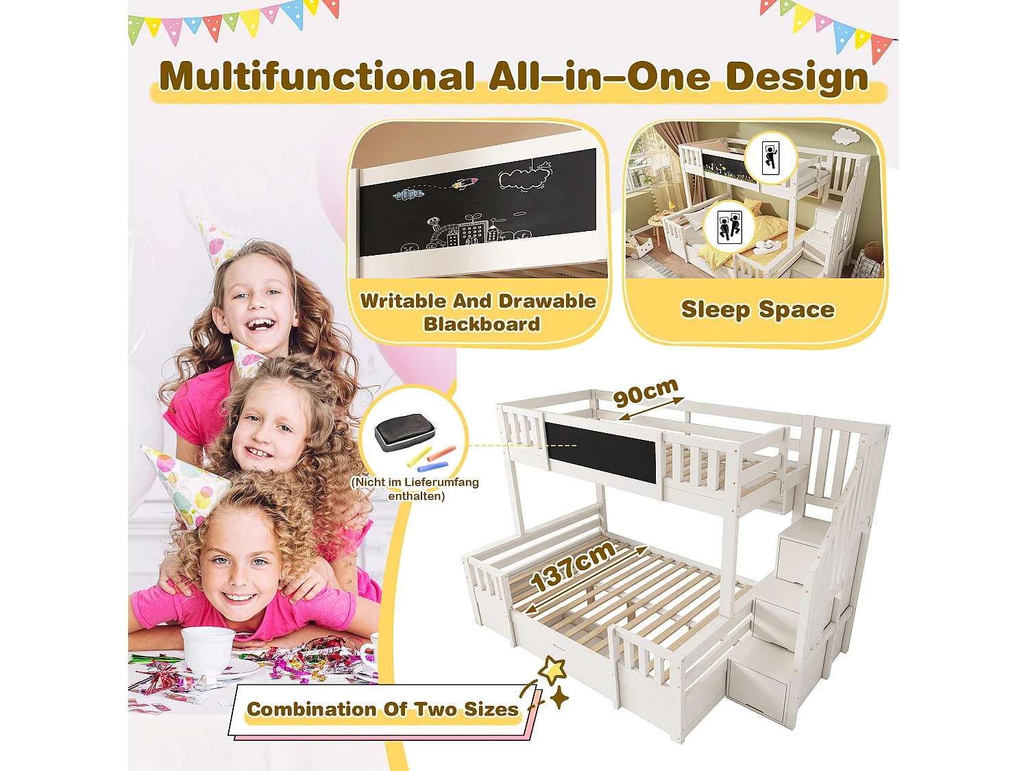 Bunk bed 90x1900cm + 135x190cm - with chalkboard - with 1 drawer and storage stairs - Solid wood + MDF - White