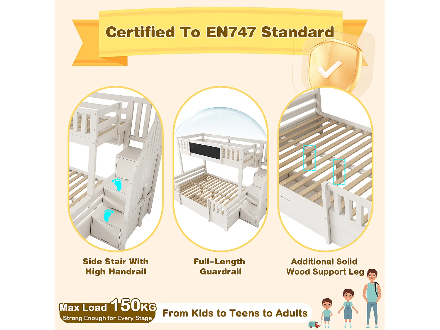Bunk bed 90x1900cm + 135x190cm - with chalkboard - with 1 drawer and storage stairs - Solid wood + MDF - White