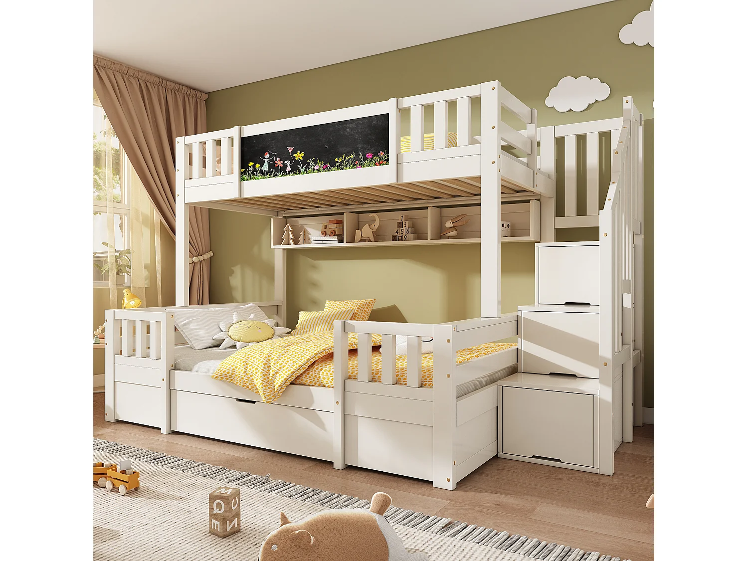 Bunk bed 90x1900cm + 135x190cm - with chalkboard - with 1 drawer and storage stairs - Solid wood + MDF - White