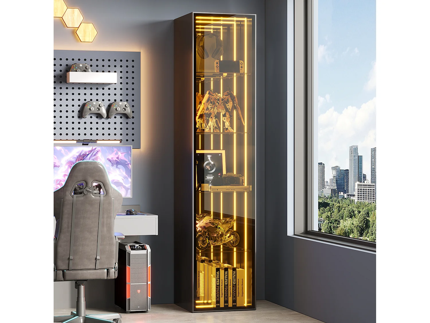 Vitrine 30x30x160 cm - LED-Beleuchtung - 1 Tür und 3 Aufbewahrungsfächer - verstellbare Regale - MDF + Glas - Schwarz
