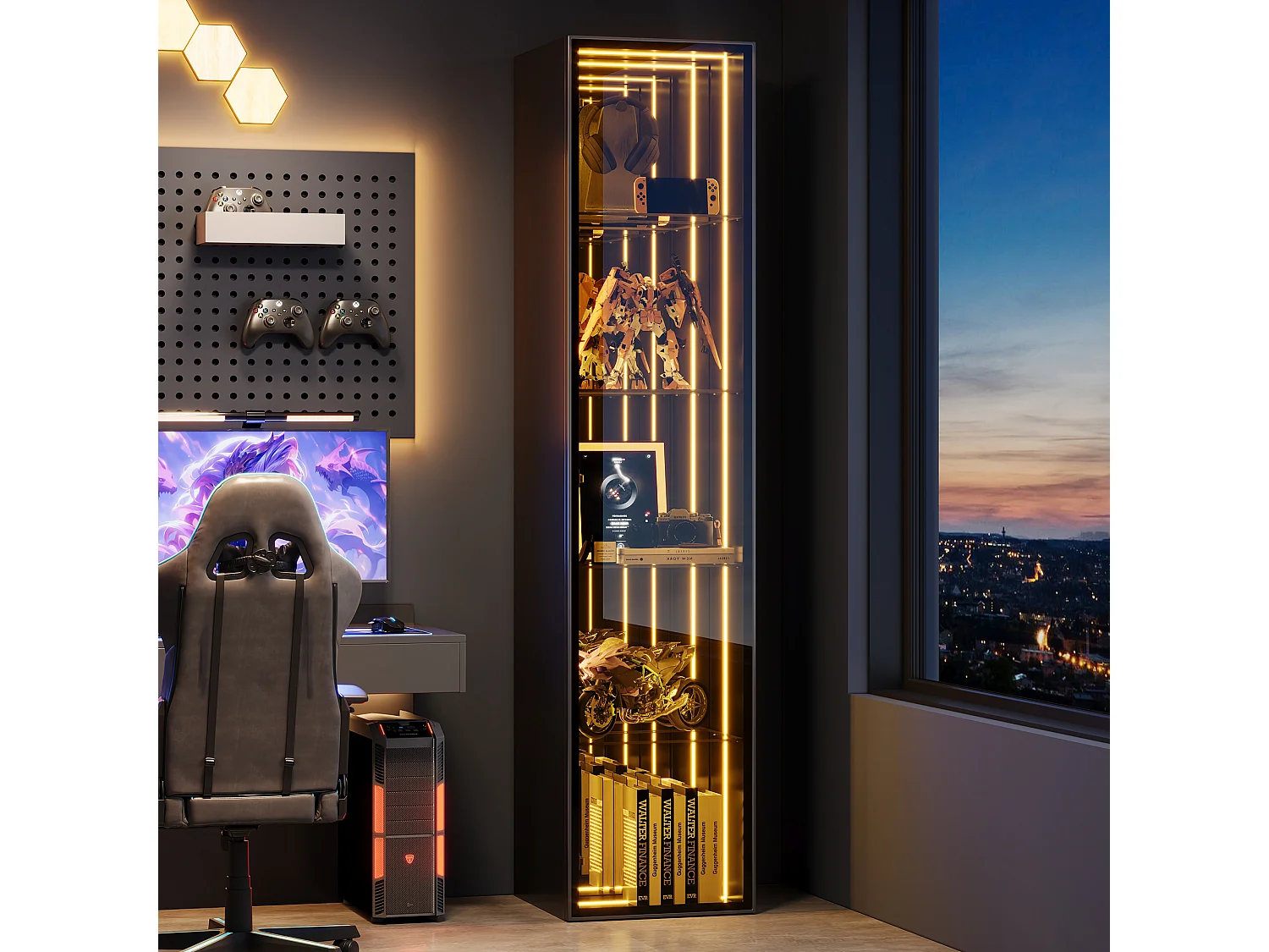 Vitrine 30x30x160 cm - LED-Beleuchtung - 1 Tür und 3 Aufbewahrungsfächer - verstellbare Regale - MDF + Glas - Schwarz