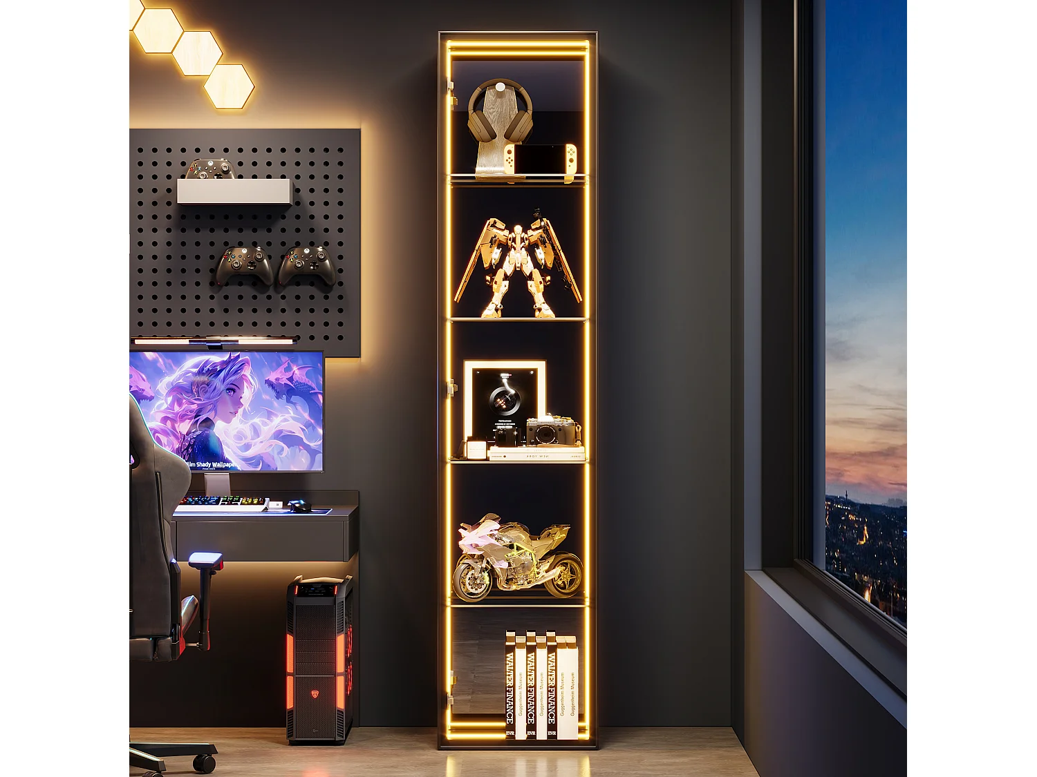 Vitrine 30x30x160 cm - LED-Beleuchtung - 1 Tür und 3 Aufbewahrungsfächer - verstellbare Regale - MDF + Glas - Schwarz