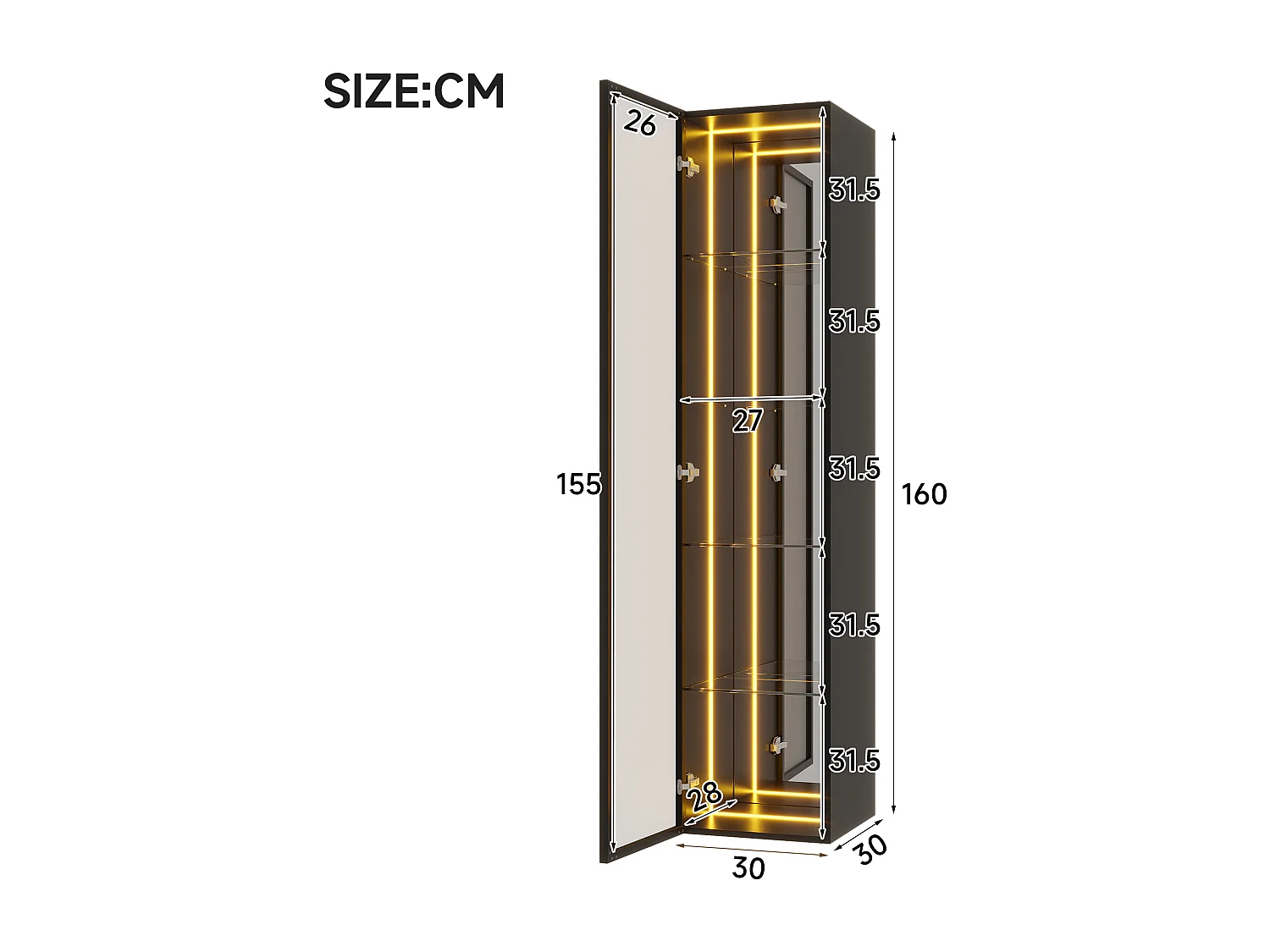 Vitrine 30x30x160 cm - LED-Beleuchtung - 1 Tür und 3 Aufbewahrungsfächer - verstellbare Regale - MDF + Glas - Schwarz