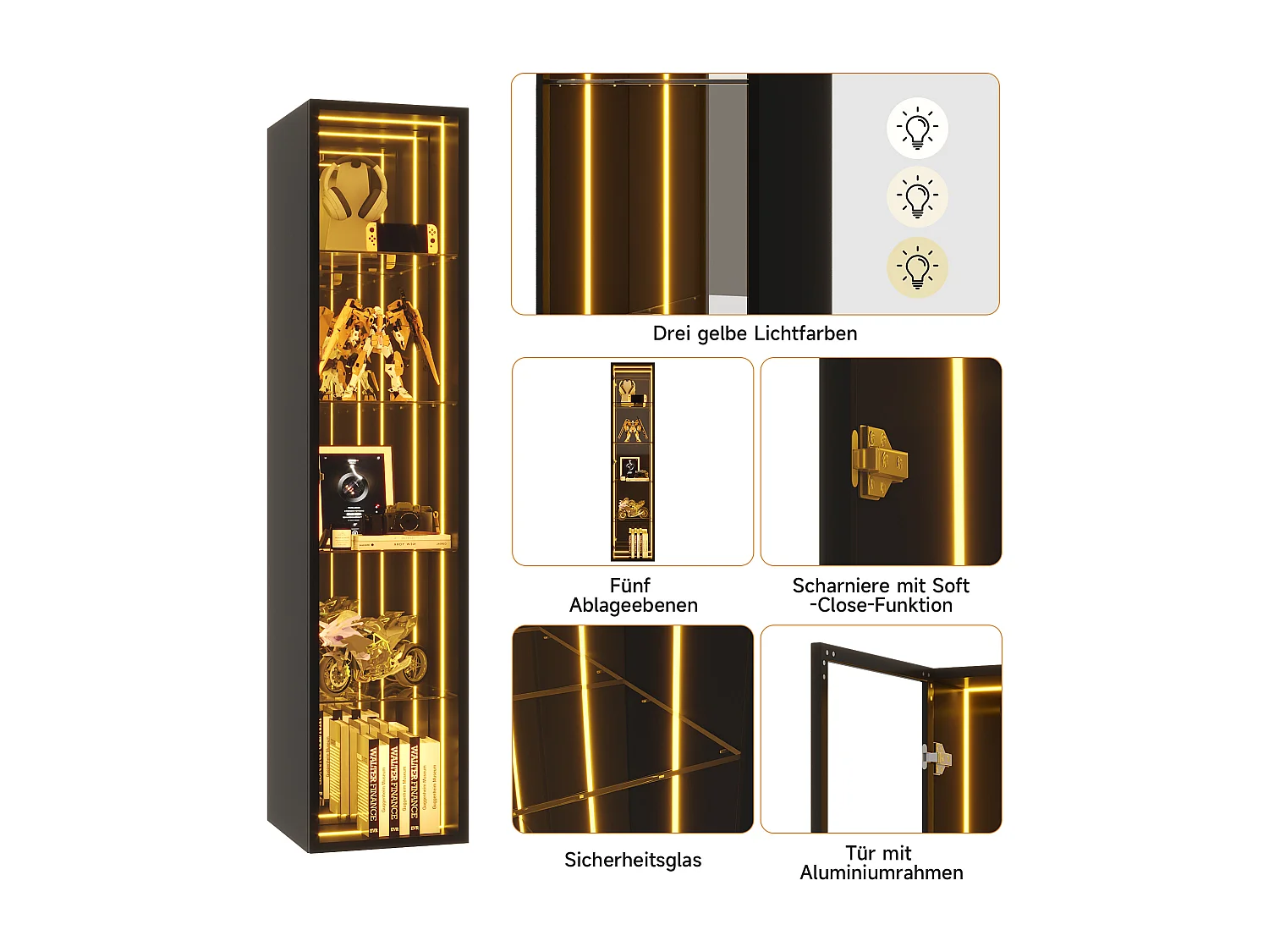 Vitrine 30x30x160 cm - LED-Beleuchtung - 1 Tür und 3 Aufbewahrungsfächer - verstellbare Regale - MDF + Glas - Schwarz