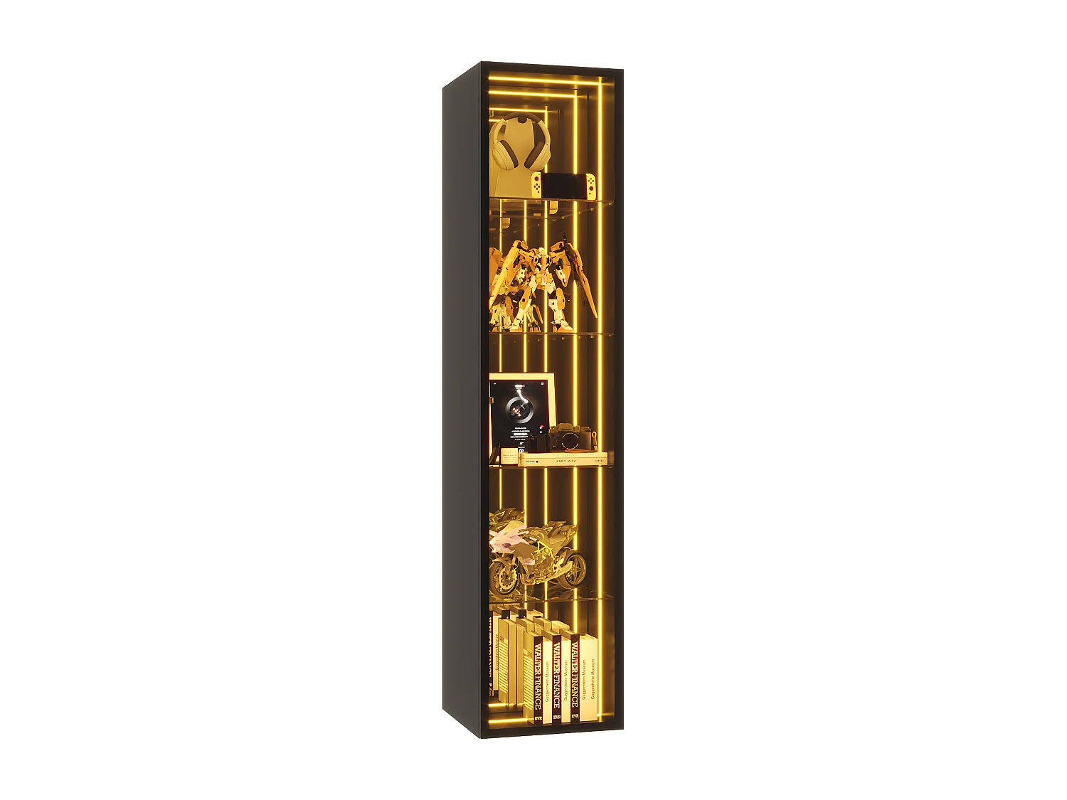 Vitrine 30x30x160 cm - LED-Beleuchtung - 1 Tür und 3 Aufbewahrungsfächer - verstellbare Regale - MDF + Glas - Schwarz