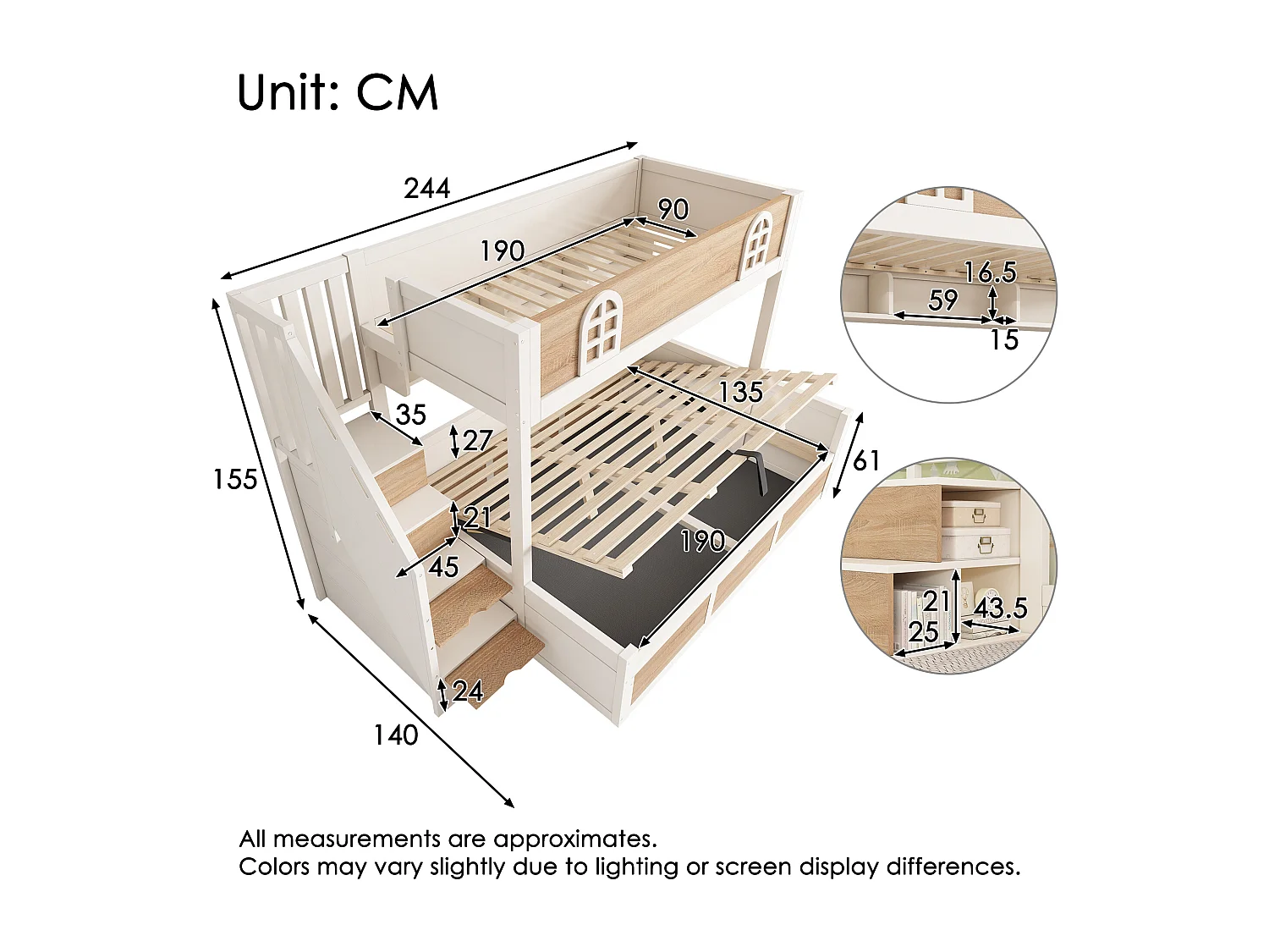 Bunk bed 90x190cm + 135x190cm - Lower bed with storage space - Staircase with storage - White + Natural