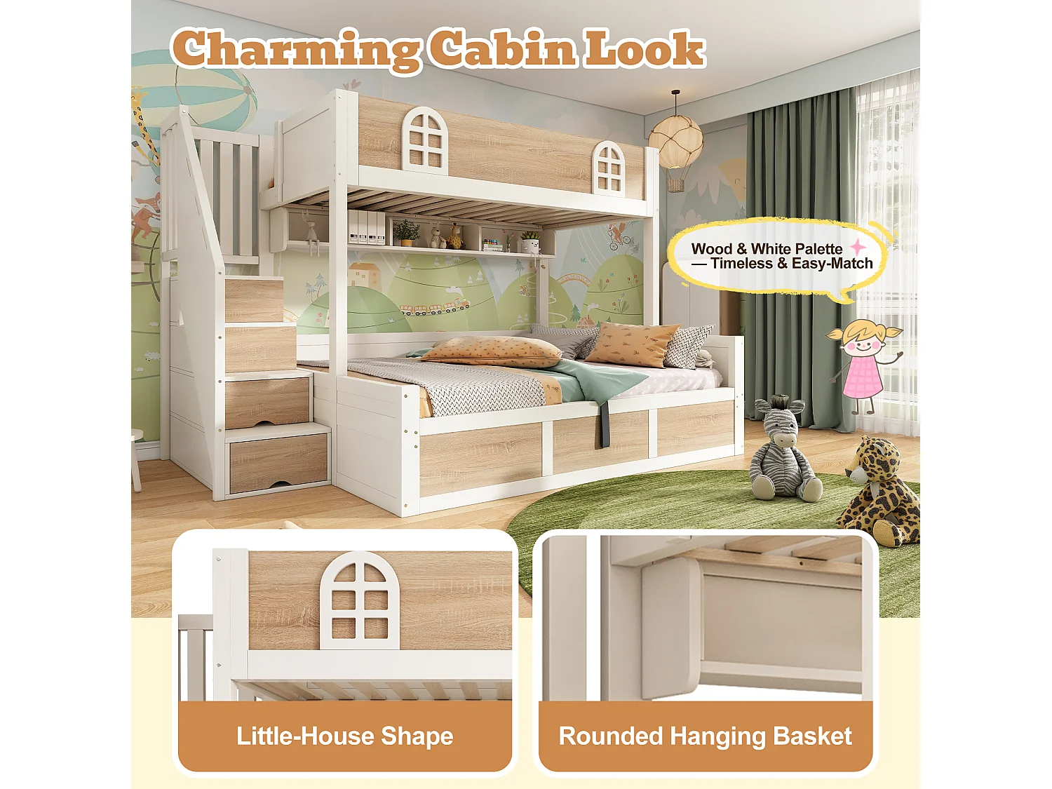 Bunk bed 90x190cm + 135x190cm - Lower bed with storage space - Staircase with storage - White + Natural