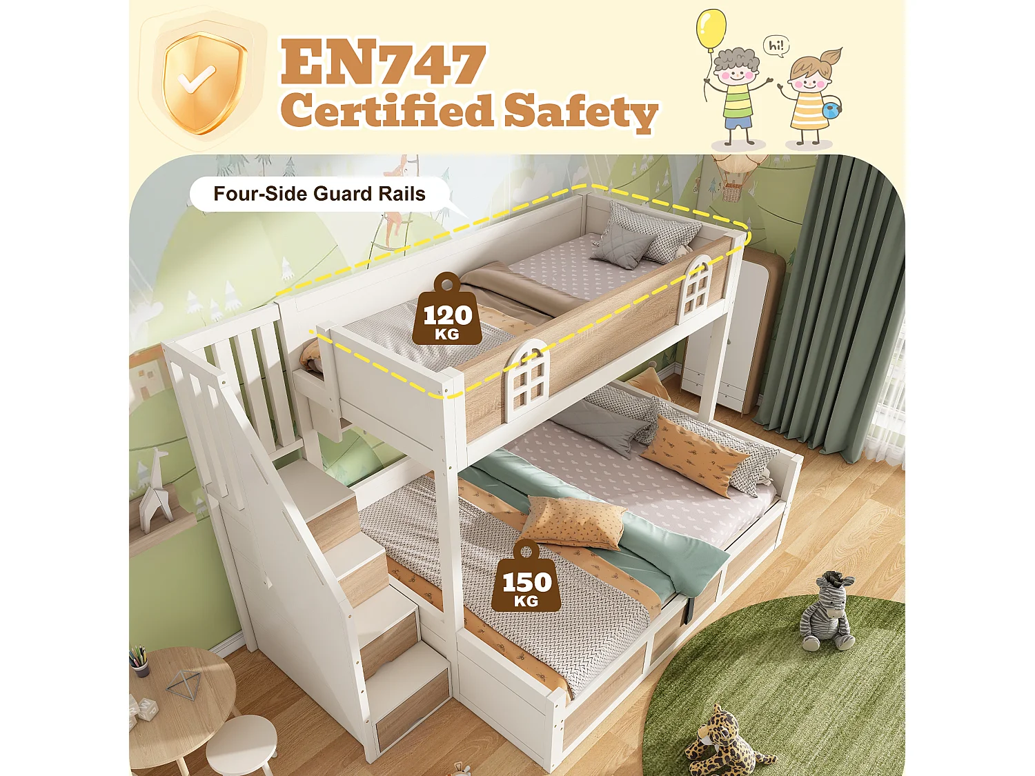 Bunk bed 90x190cm + 135x190cm - Lower bed with storage space - Staircase with storage - White + Natural