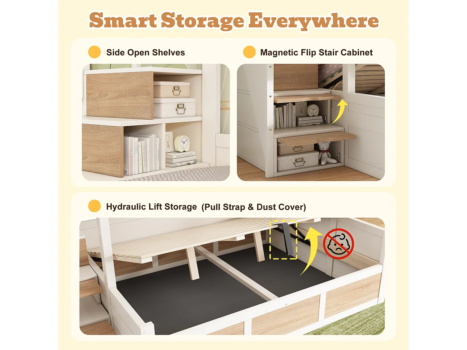 Bunk bed 90x190cm + 135x190cm - Lower bed with storage space - Staircase with storage - White + Natural