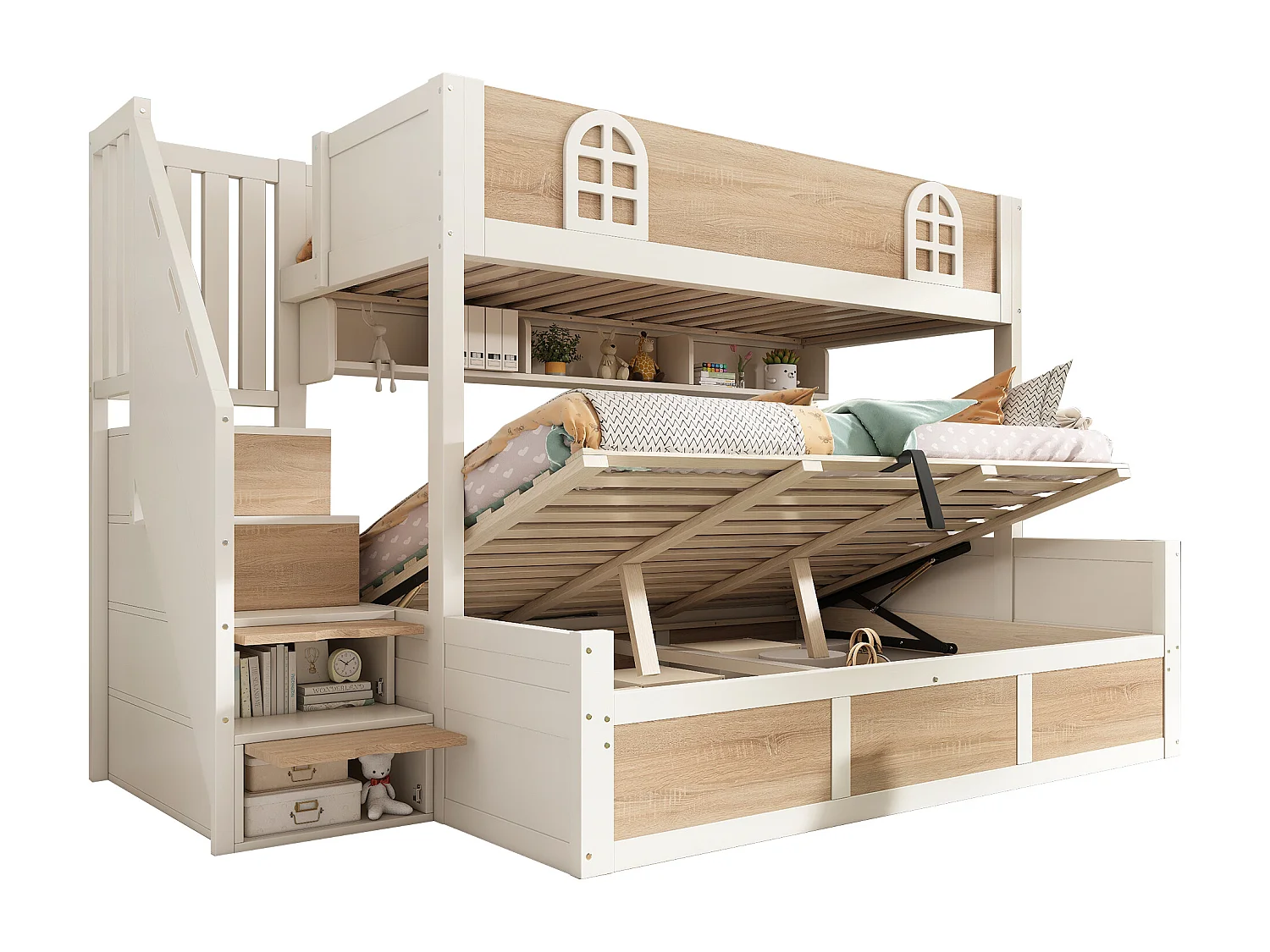 Bunk bed 90x190cm + 135x190cm - Lower bed with storage space - Staircase with storage - White + Natural