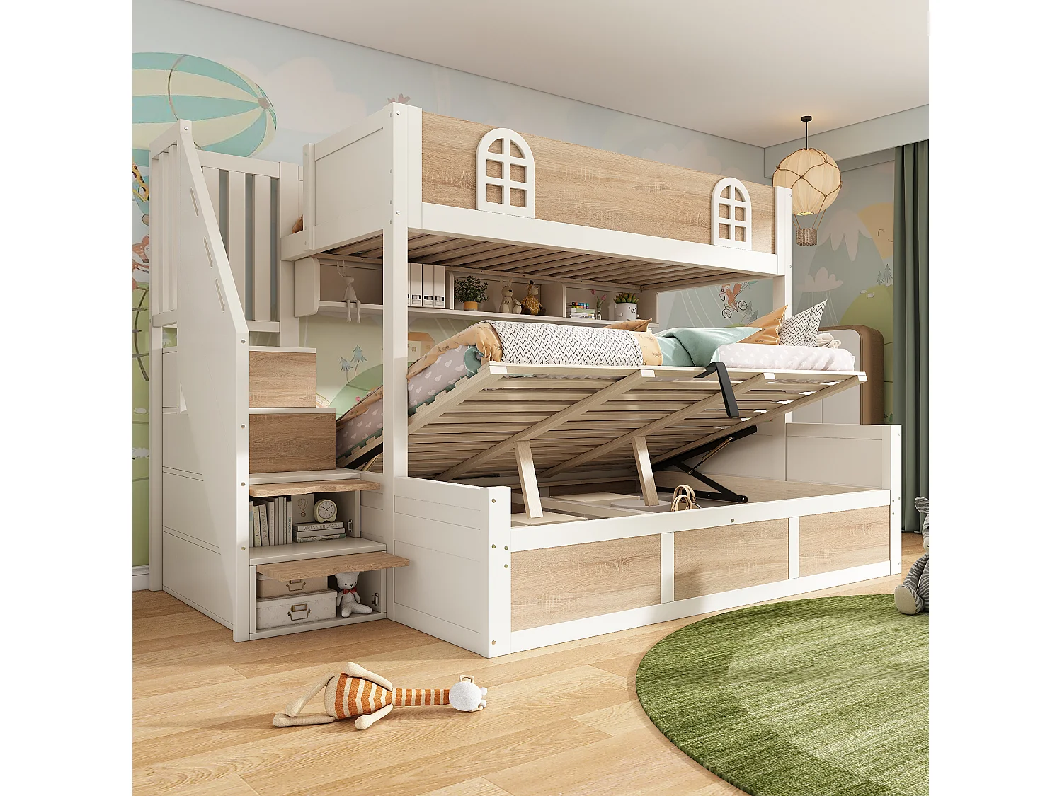 Bunk bed 90x190cm + 135x190cm - Lower bed with storage space - Staircase with storage - White + Natural