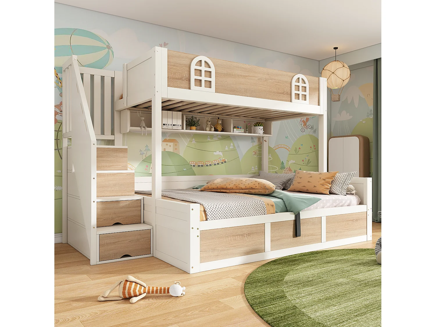 Bunk bed 90x190cm + 135x190cm - Lower bed with storage space - Staircase with storage - White + Natural