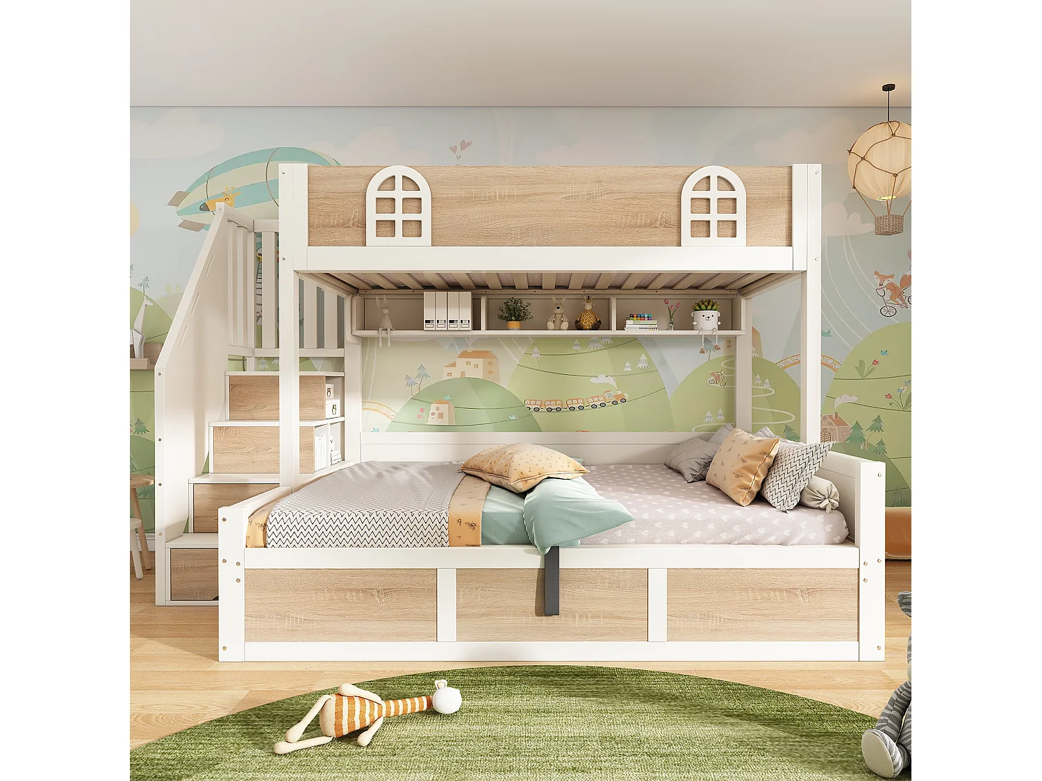 Bunk bed 90x190cm + 135x190cm - Lower bed with storage space - Staircase with storage - White + Natural