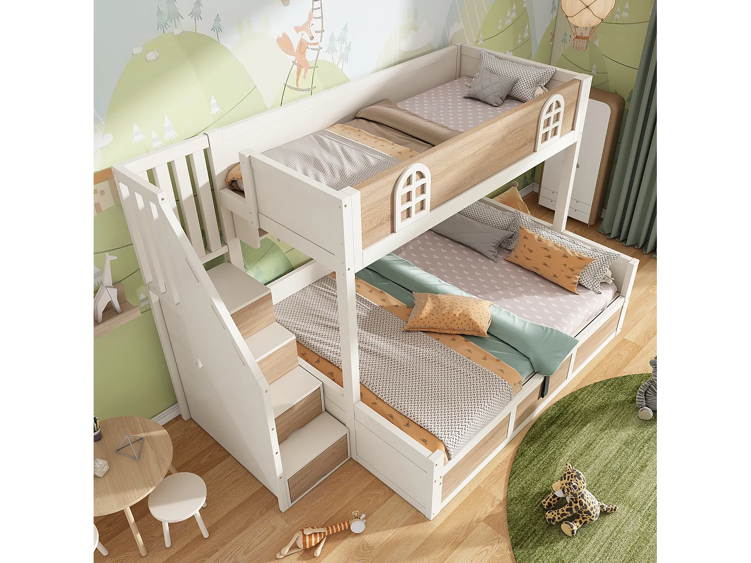 Bunk bed 90x190cm + 135x190cm - Lower bed with storage space - Staircase with storage - White + Natural