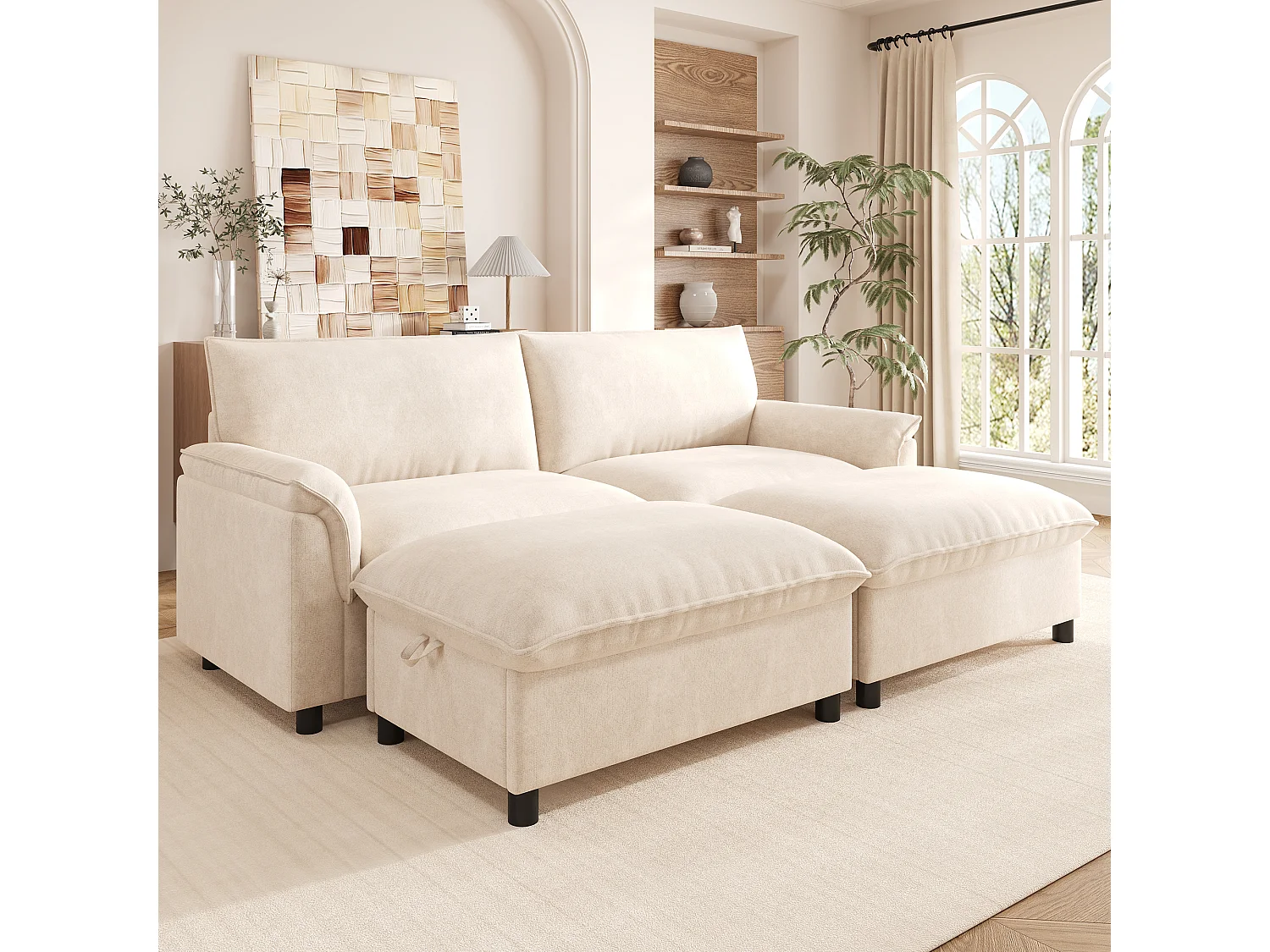 Canapé moderne 216 × 77 × 82 cm - avec 2 repose-pieds mobiles - avec espace de rangement - Chenille - Beige